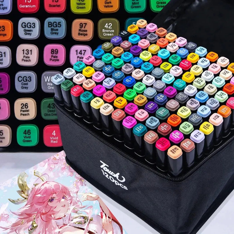 Professional dual-tip marker set in a black carrying case, featuring a wide range of vibrant colors.