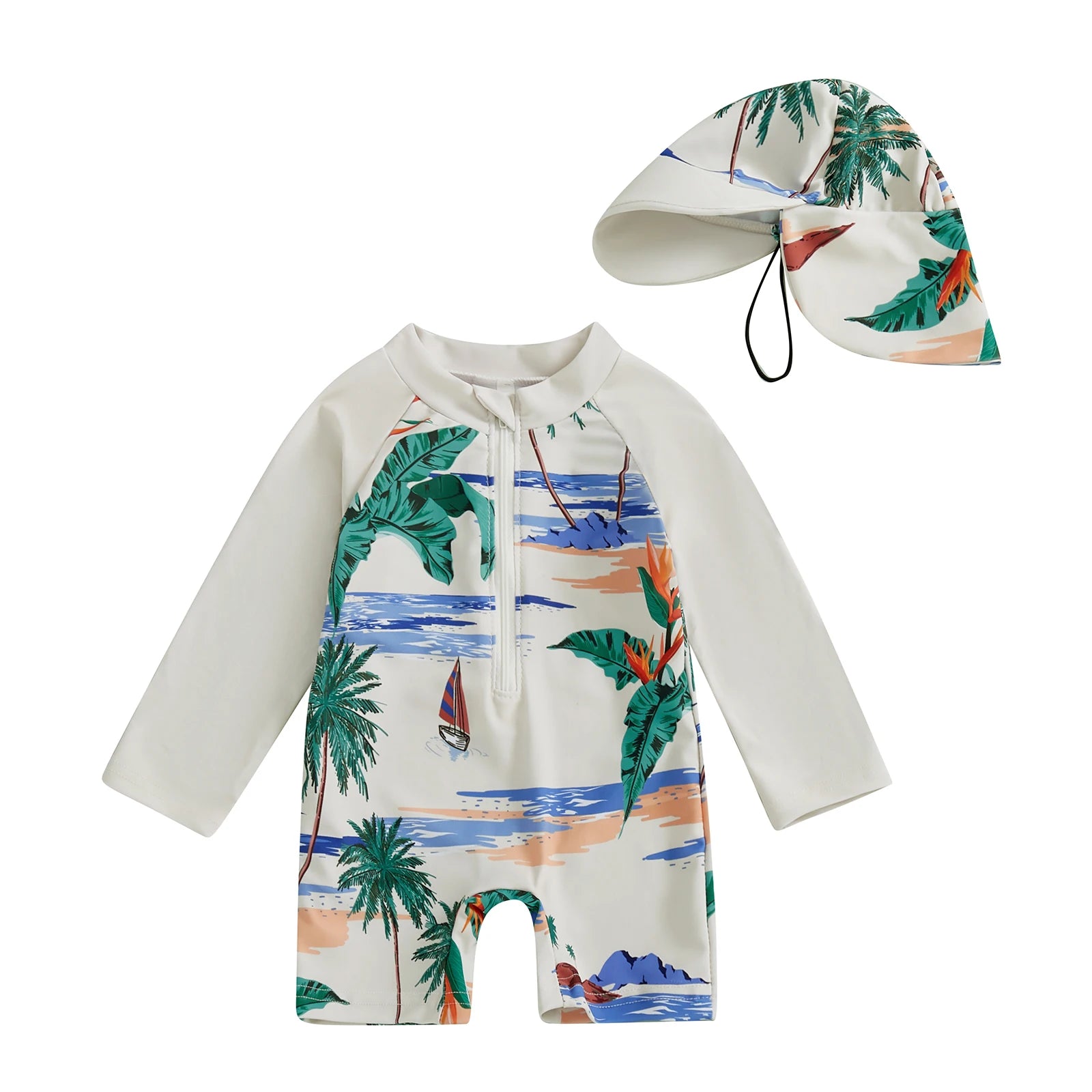 Kids' long-sleeve rash guard swimsuit and sun hat set with tropical palm tree and sailboat print.