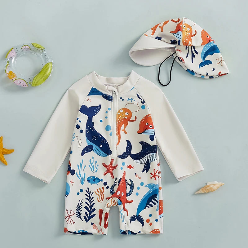 Kids' long-sleeve rash guard swimsuit with colorful sea animal print and matching sun hat.