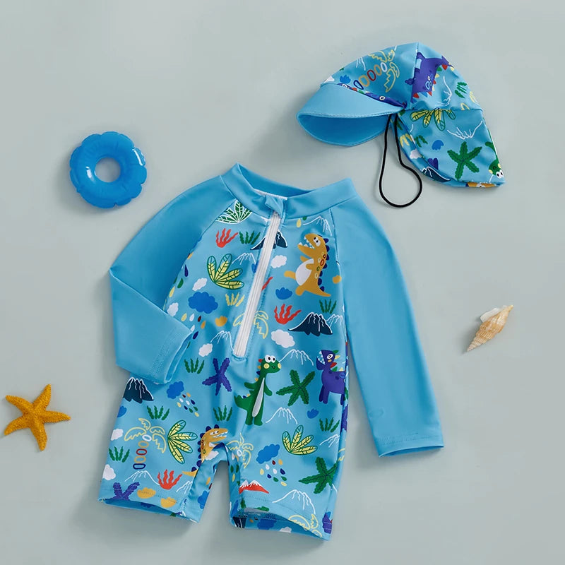Blue long-sleeve rash guard swimsuit for kids with colorful dinosaur print and matching sun hat.