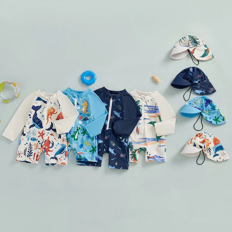 Kids' long-sleeve rash guard swimsuits with matching sun hats in various marine animal prints.