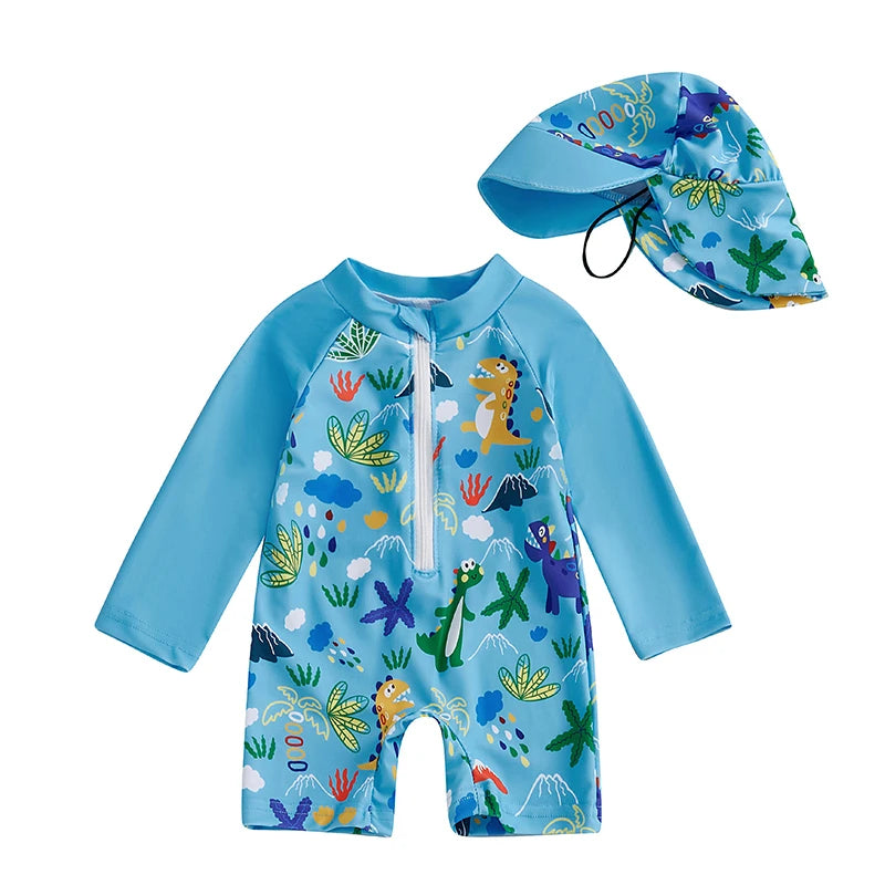 Blue long-sleeve rash guard swimsuit for kids with colorful dinosaur print and matching sun hat.