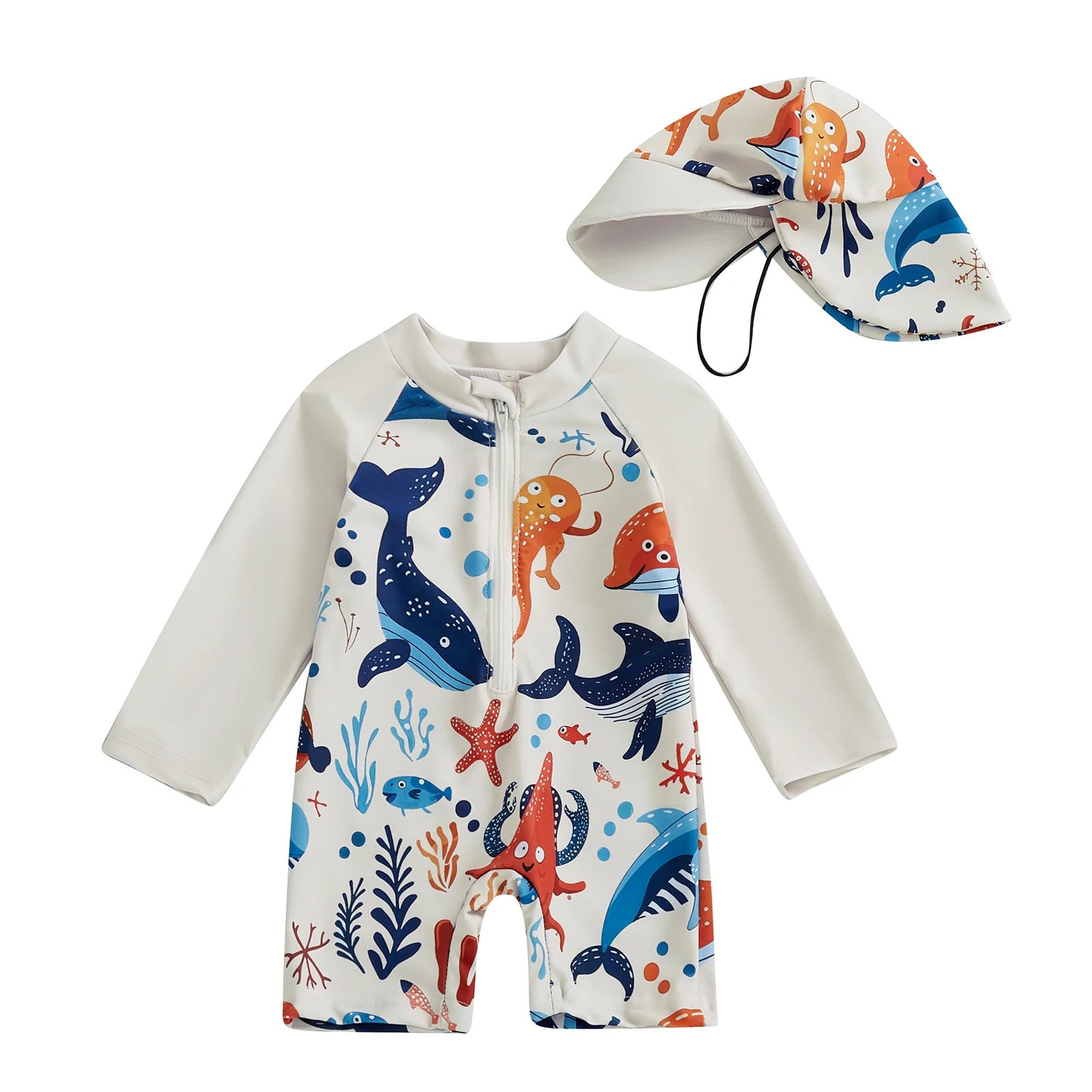 White long-sleeve rash guard swimsuit for kids with colorful sea animal print and matching sun hat.