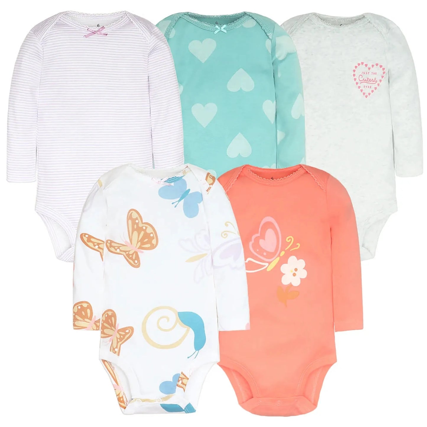 Five long-sleeve cotton baby bodysuits: white stripe, blue hearts, white "Sweetheart" print, white butterflies, and coral butterfly.