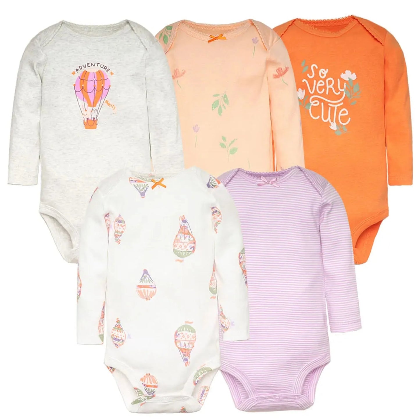 Five soft cotton long-sleeve baby bodysuits in white, grey, orange, peach, and lavender with various prints.