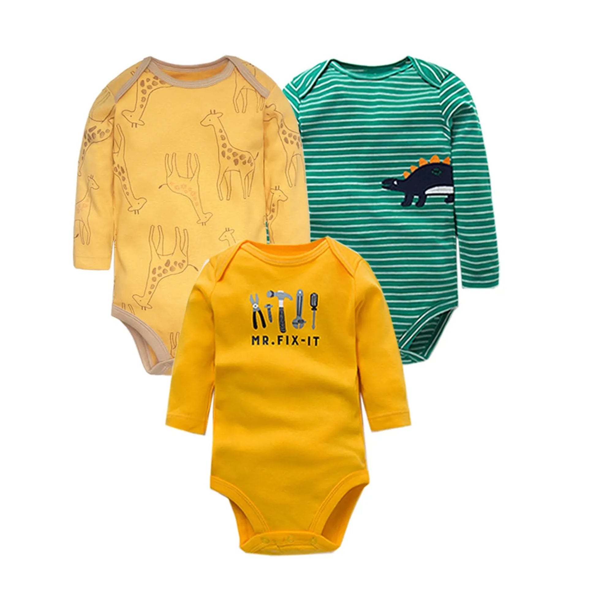 Three long-sleeve cotton baby bodysuits: yellow with giraffes, green striped with a dinosaur, and yellow "Mr. Fix-It.