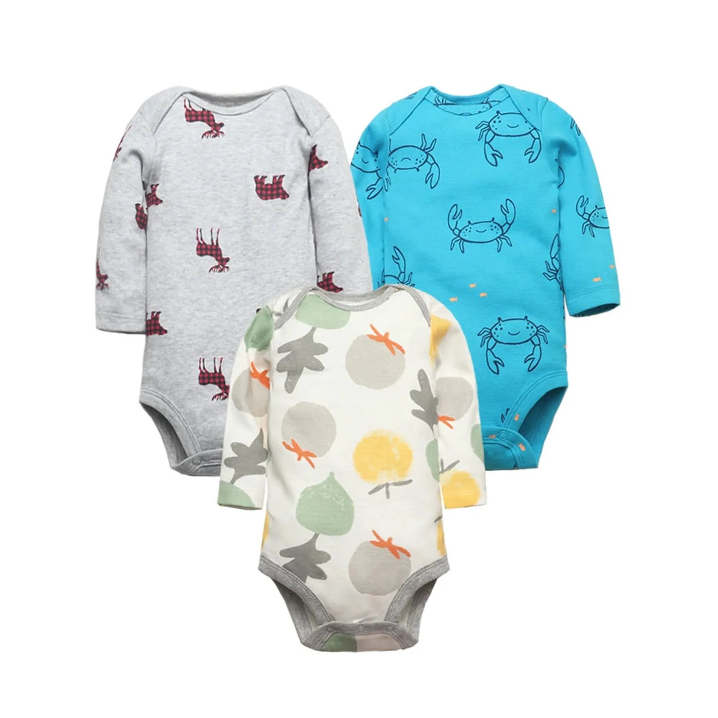 Three long-sleeve cotton baby bodysuits: grey with deer, blue with crabs, and white with trees.