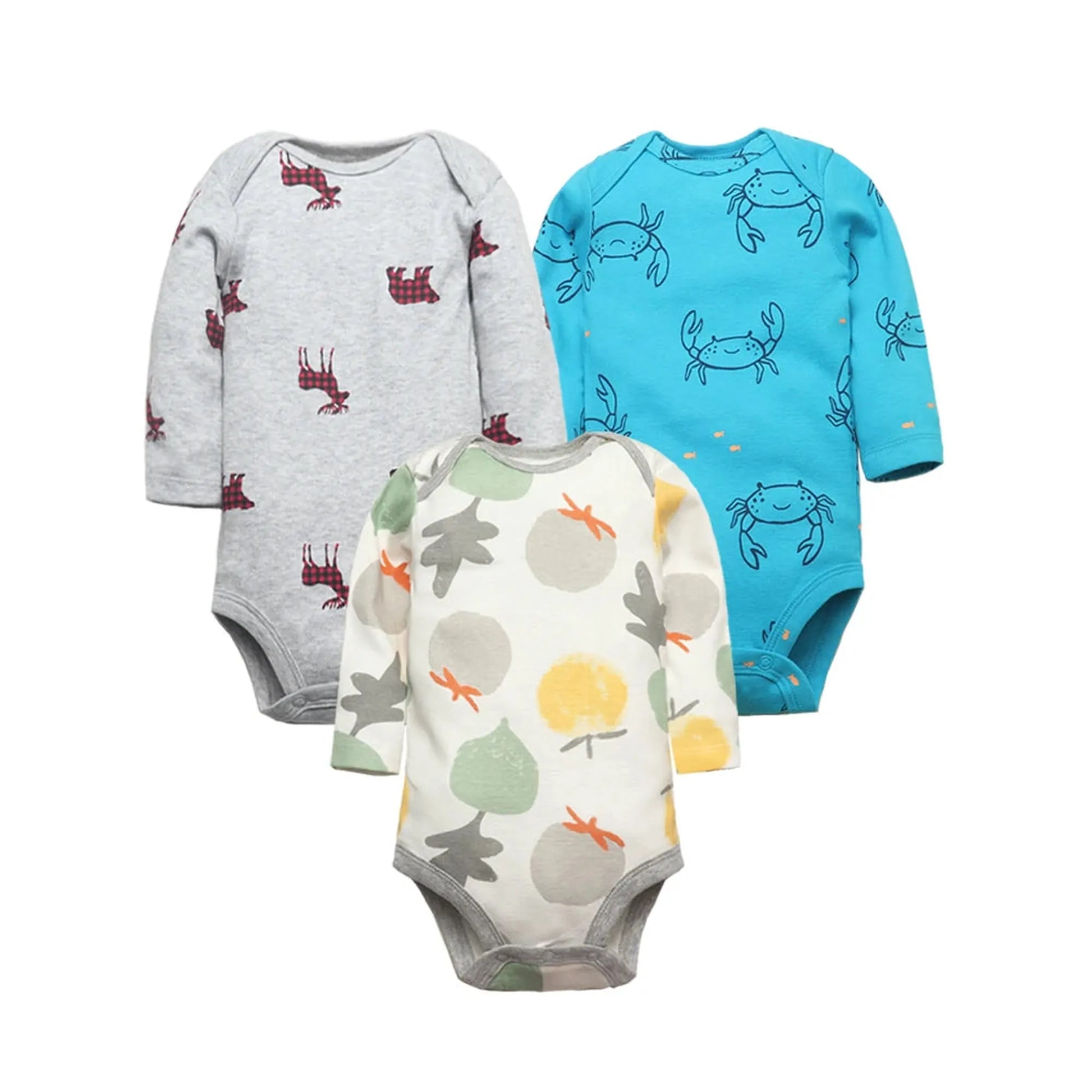 Three long-sleeve cotton baby bodysuits: grey with deer, blue with crabs, and white with trees.