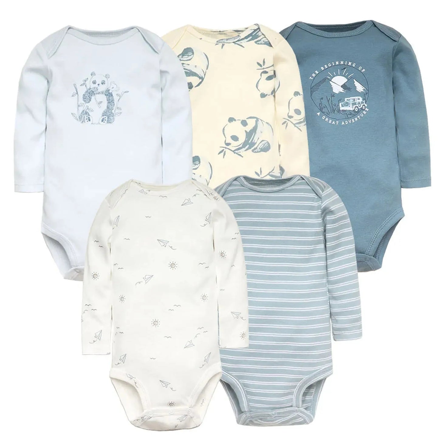 Five long-sleeve cotton baby bodysuits in blue, cream, and white with various prints.