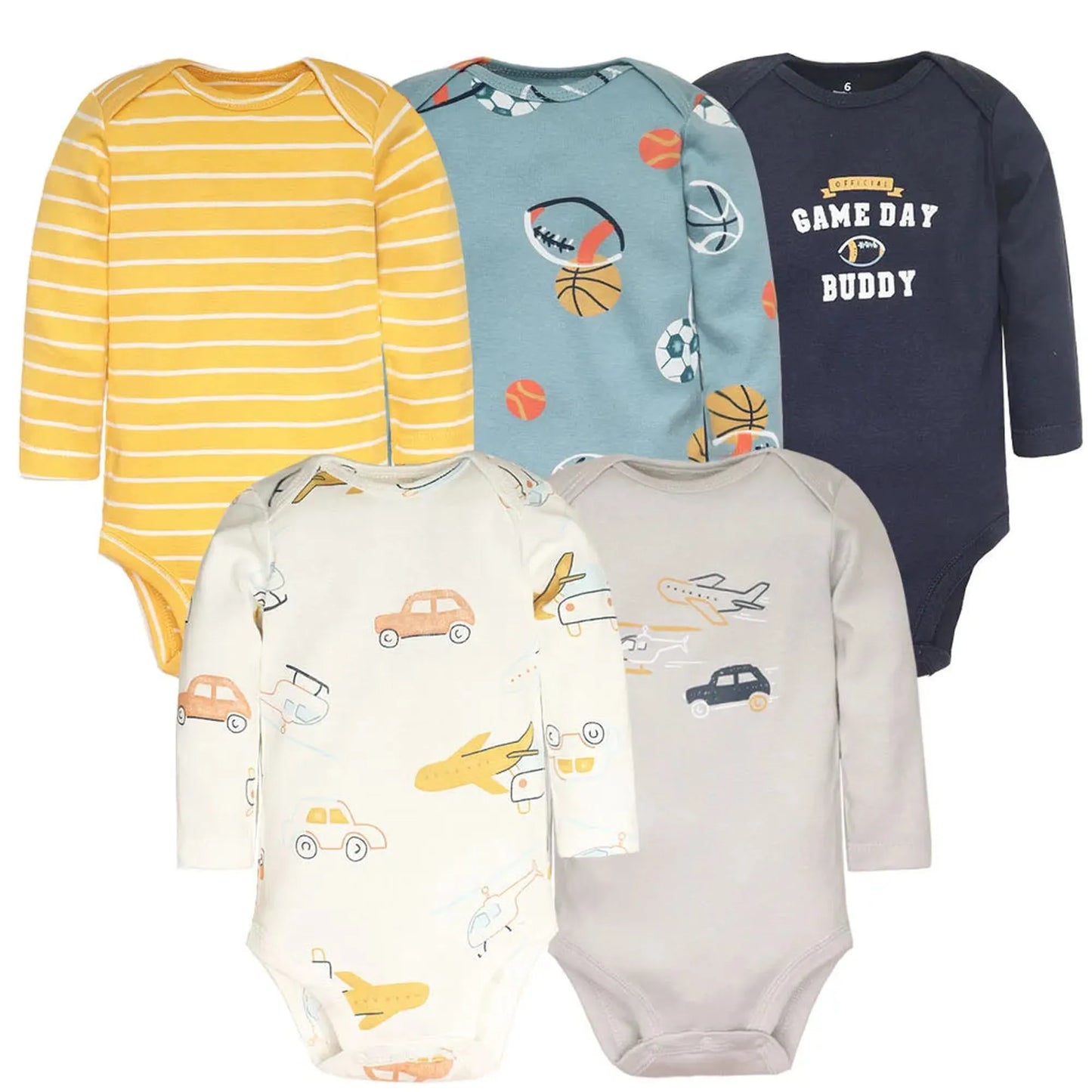 Five long-sleeve cotton baby bodysuits: yellow stripes, blue sports print, navy "GAME DAY BUDDY", cream cars, and gray airplanes.