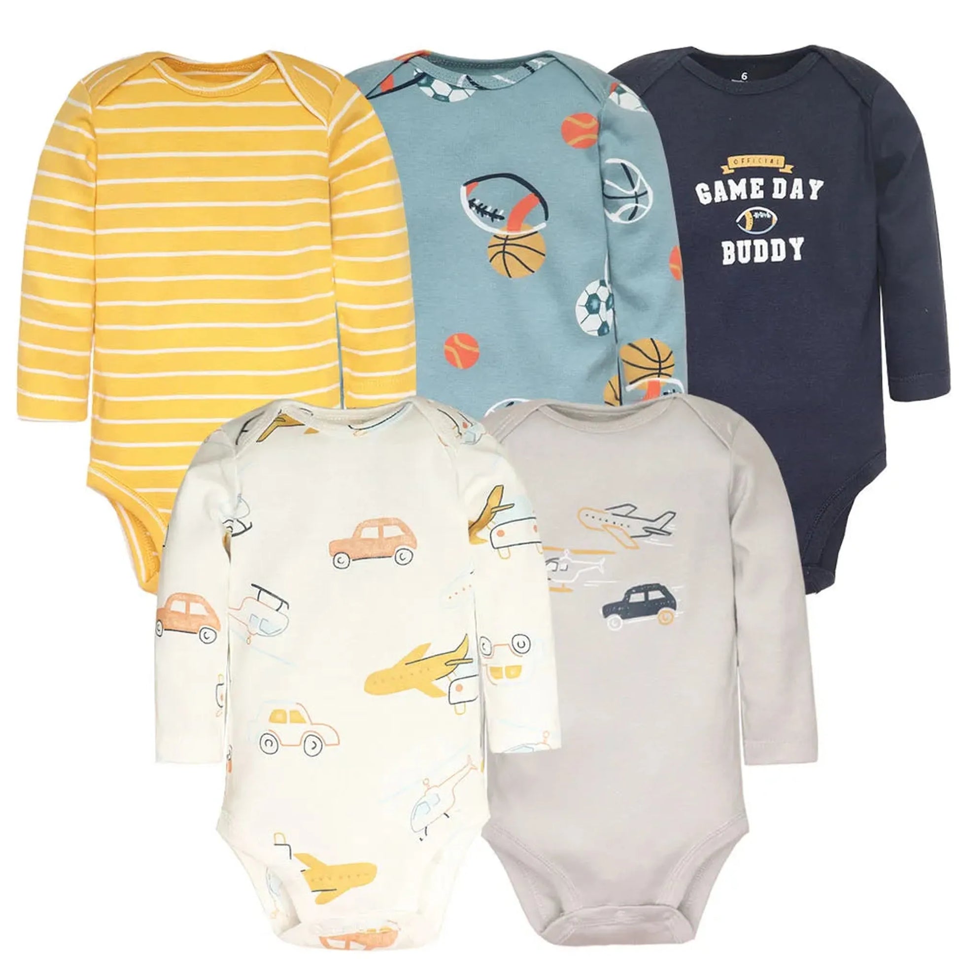 Five long-sleeve cotton baby bodysuits: yellow stripes, blue sports print, navy "GAME DAY BUDDY", cream cars, and gray airplanes.