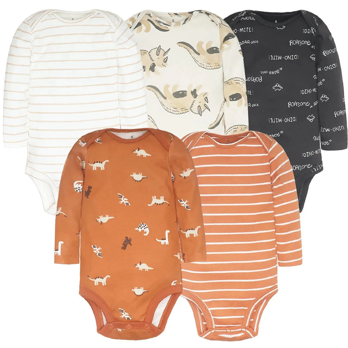 Five long-sleeve cotton baby bodysuits: white stripes, dinosaur print, black graphic, rust dinosaur, and rust stripes.