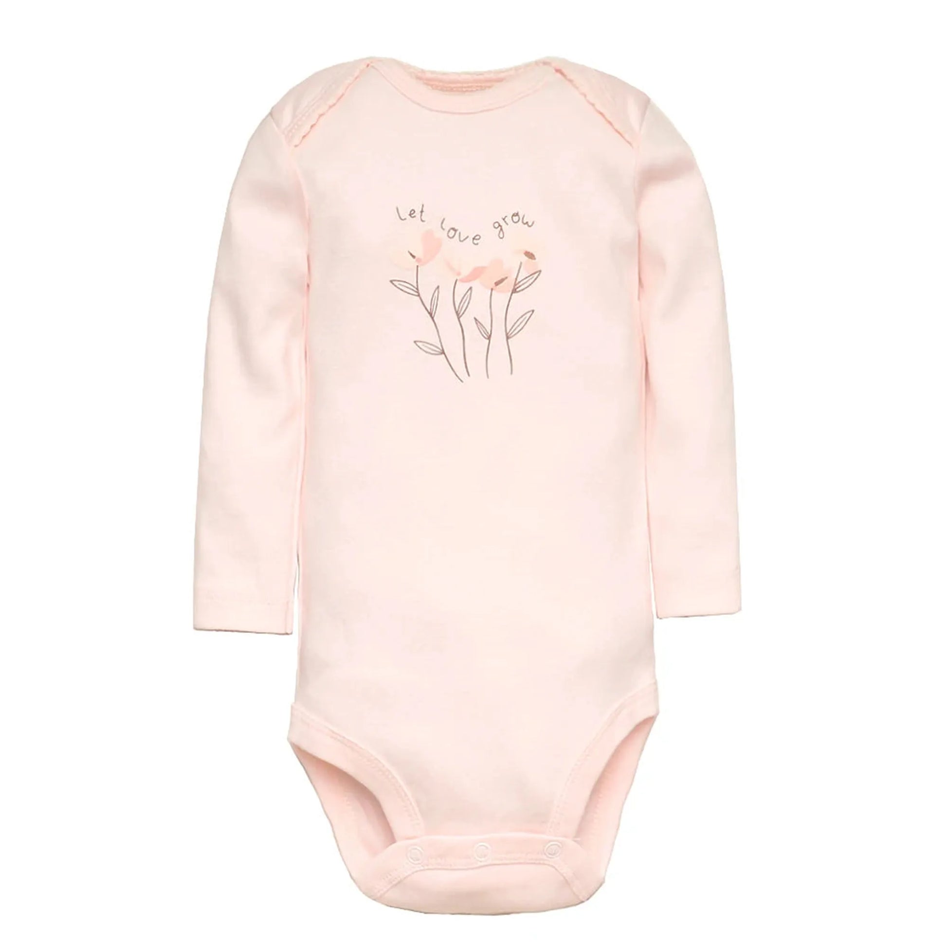 Soft pink 100% cotton long-sleeve baby bodysuit with "let love grow" floral graphic.