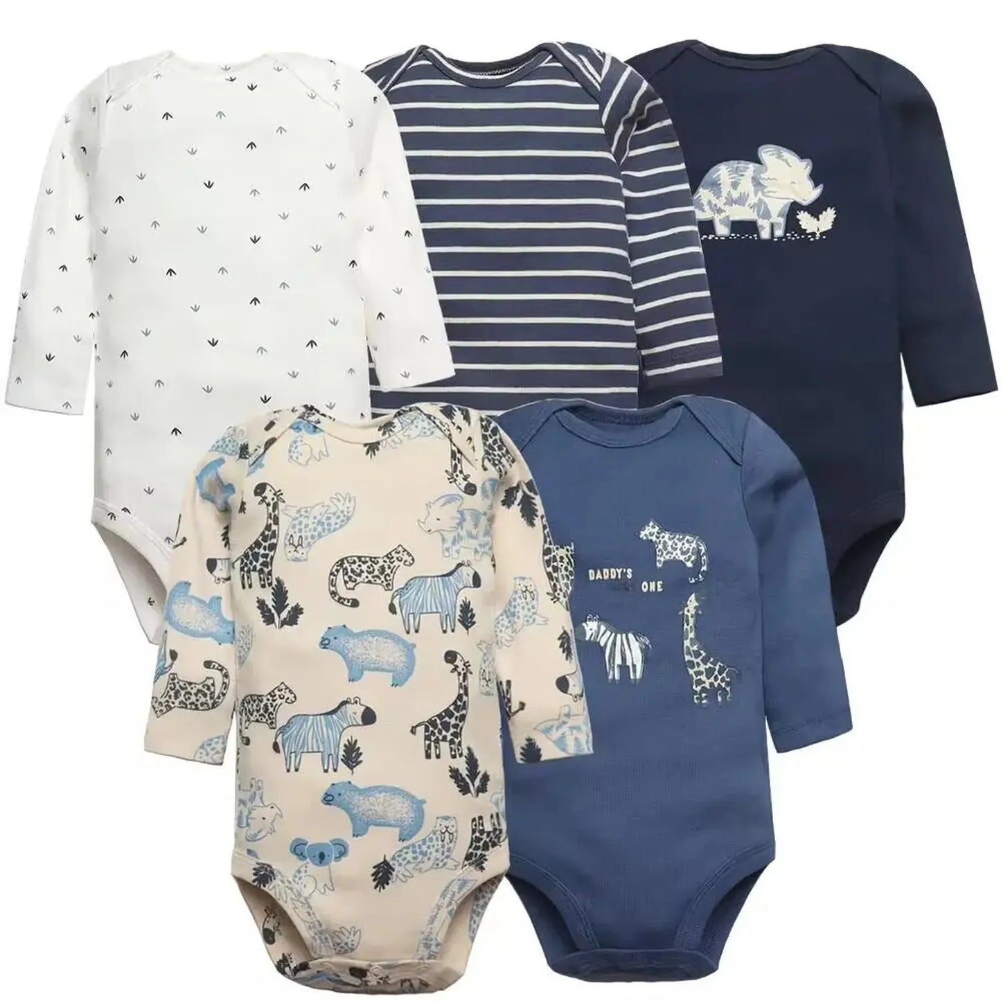 Five long-sleeve cotton baby bodysuits: white with tiny arrows, navy stripes, navy with an elephant, beige with safari animals, and blue with "Daddy's One" and animals.