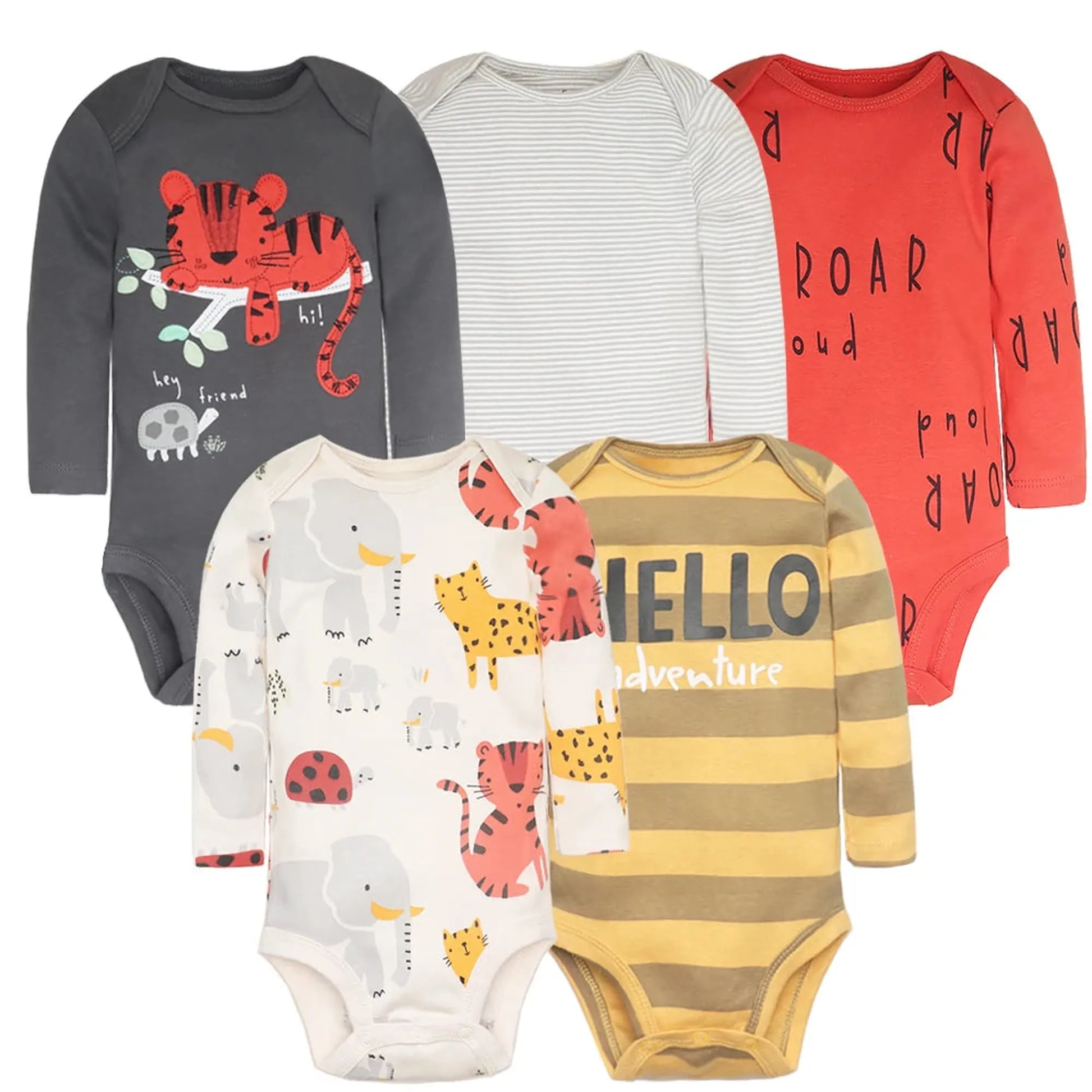 Five long-sleeve cotton baby bodysuits: gray tiger, white stripe, red "ROAR," cream animal print, and yellow stripe "HELLO adventure.
