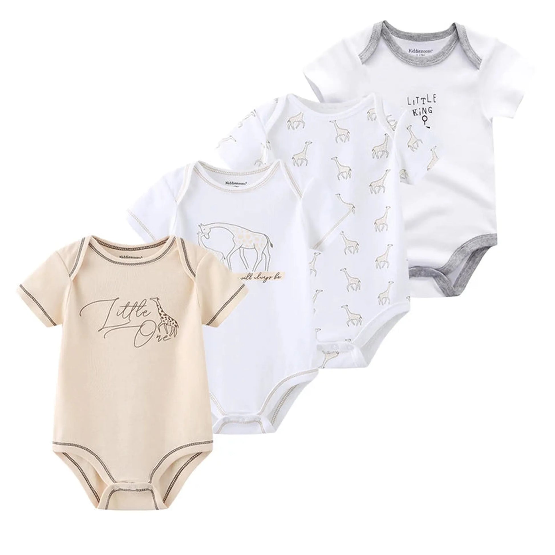Four soft cotton baby bodysuits: one beige with "Little One" and a giraffe, two white with giraffe prints, and one white with "Little King.