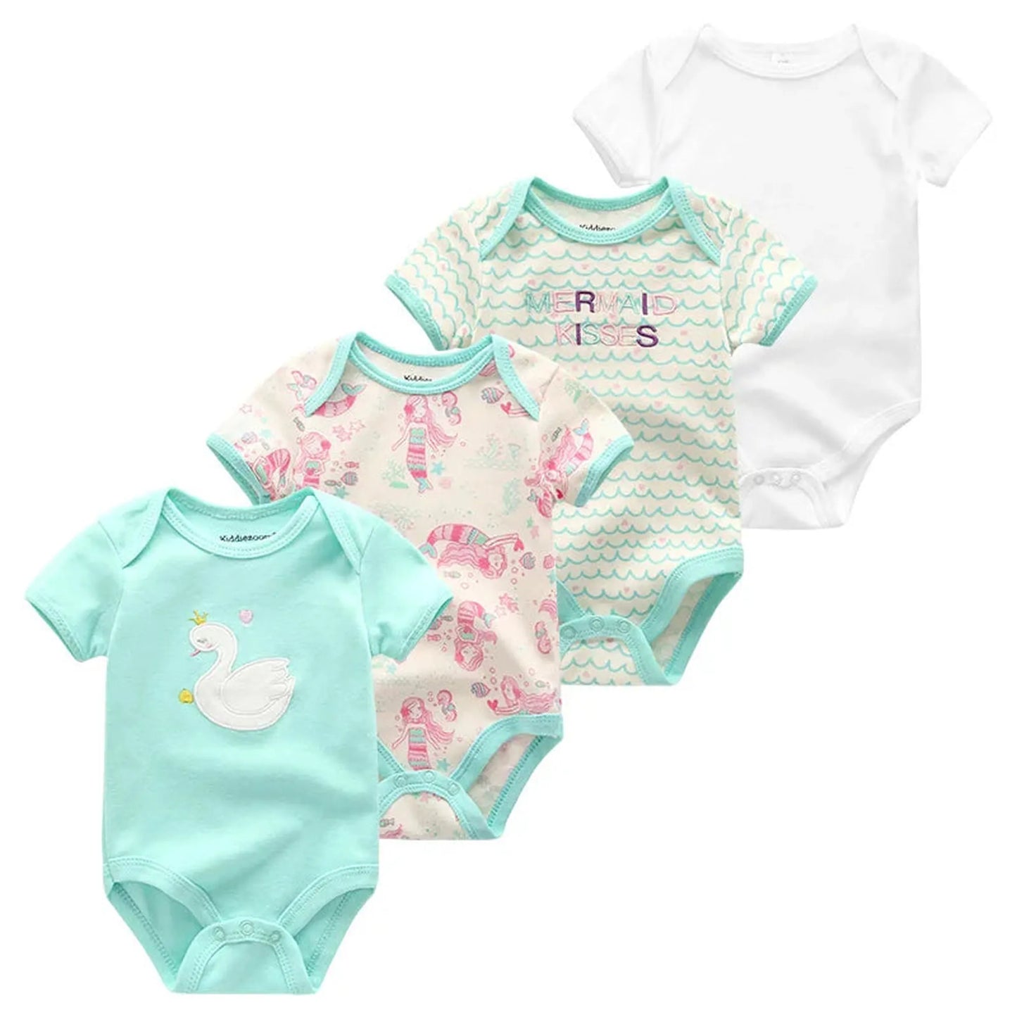 Four soft cotton baby bodysuits: white, mint green with swan, cream with mermaids, and white with "mermaid kisses" print.