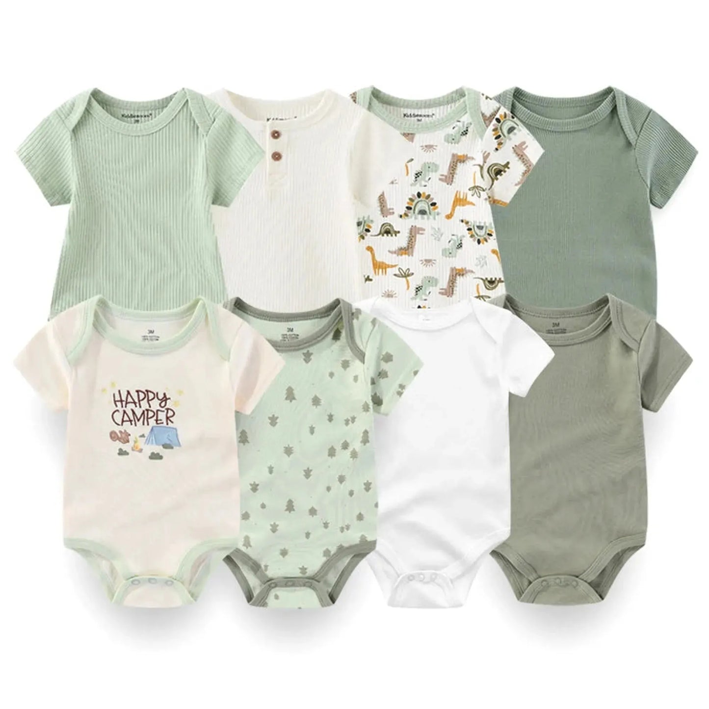 Eight soft cotton baby bodysuits in green, white, and cream, featuring ribbed textures, animal prints, and "Happy Camper" design.