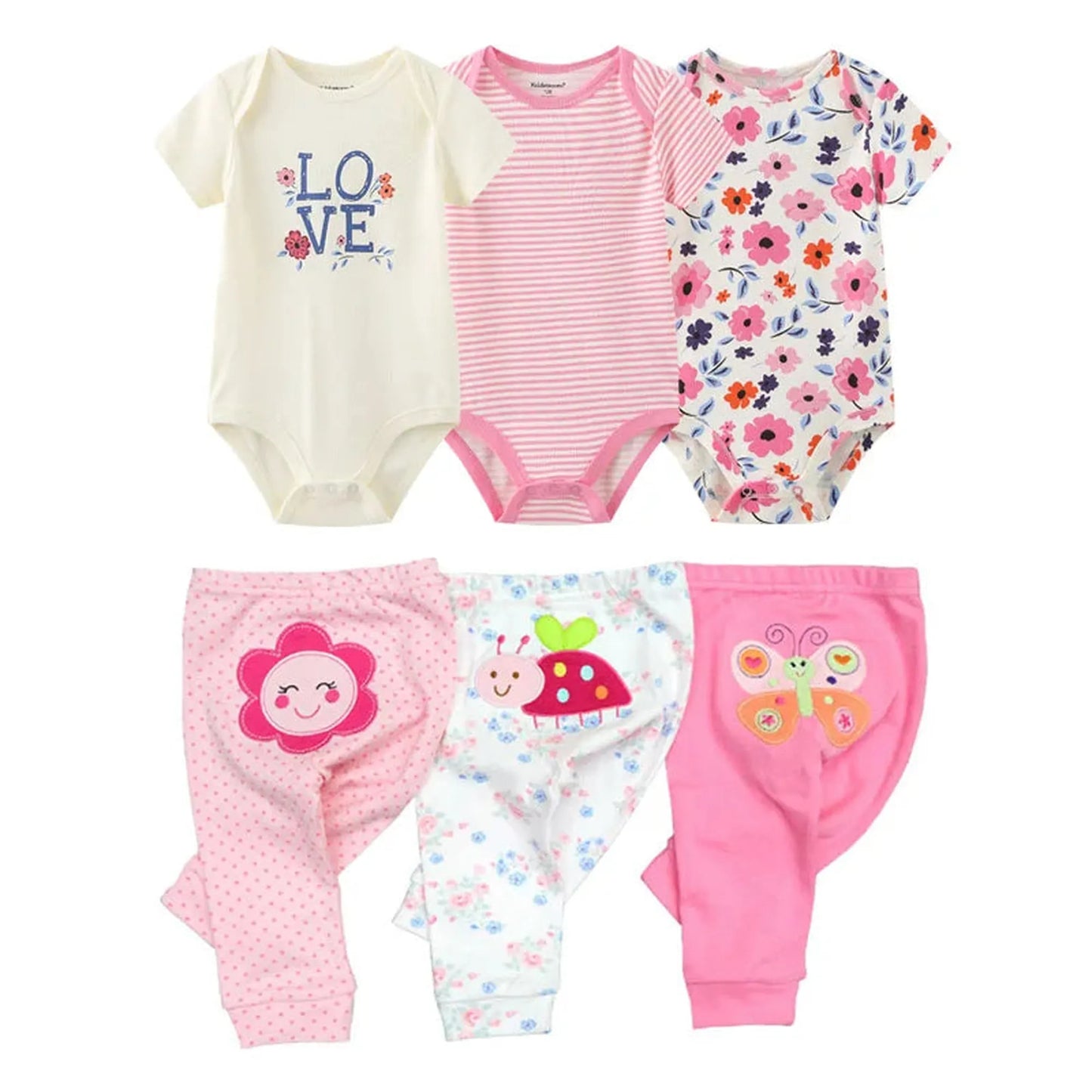 Six-piece baby cotton bodysuit and pants set: three short-sleeve bodysuits (love, pink stripes, floral) and three pants (pink flower, ladybug, butterfly).