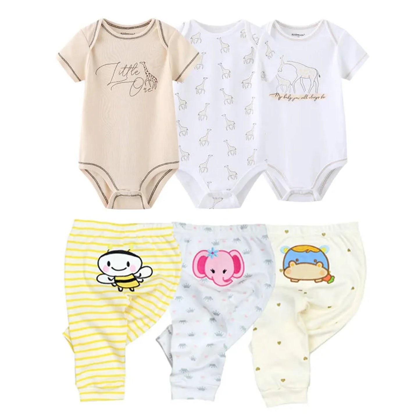 Soft cotton baby bodysuit and pants set with animal prints.