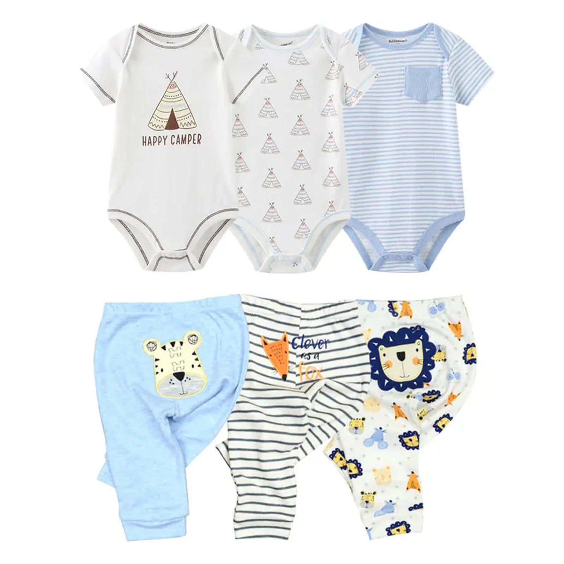 Soft cotton baby bodysuit and pants set with various prints: teepee, stripes, and animal designs.