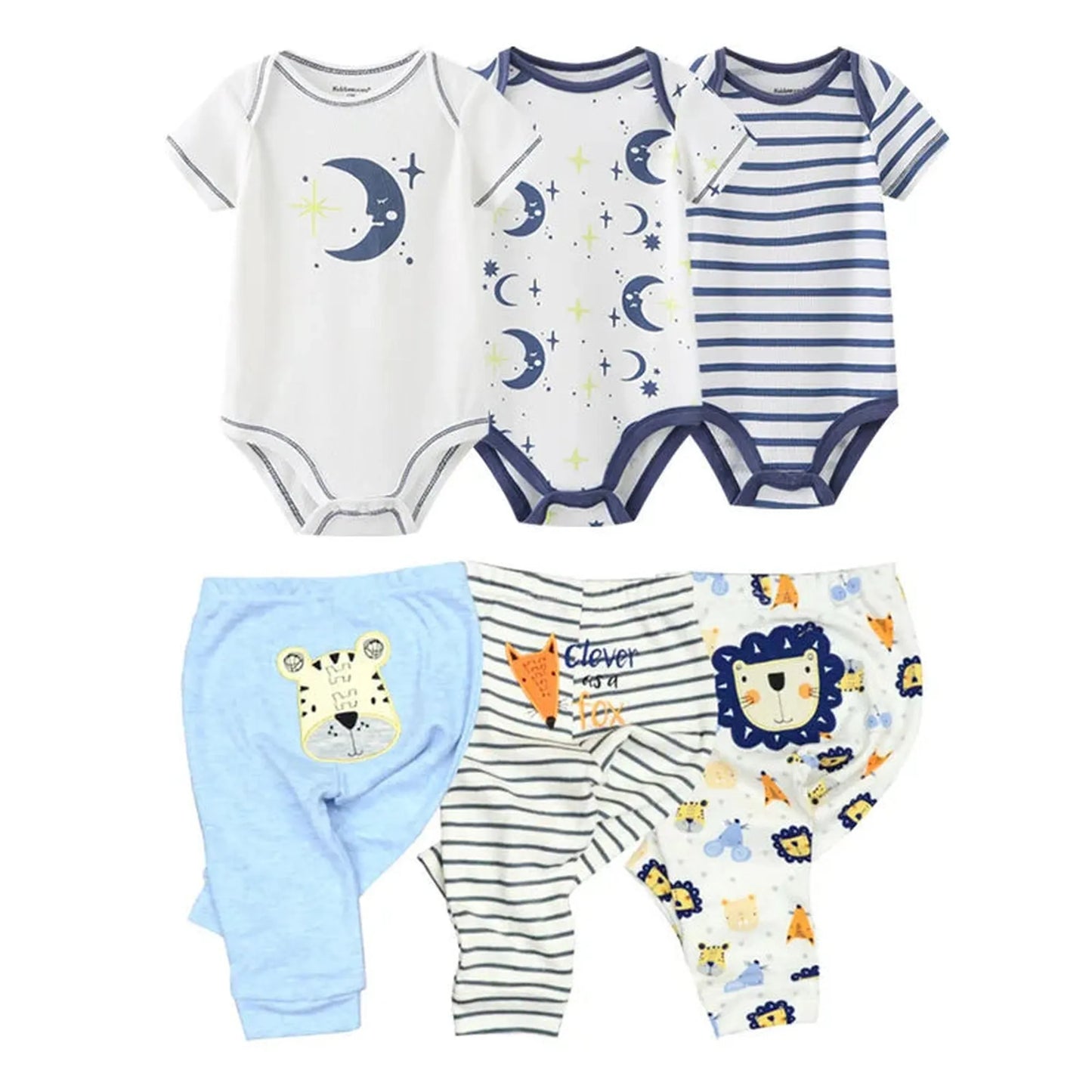 Soft cotton baby bodysuit and pants set with moon, stripes, and animal prints.