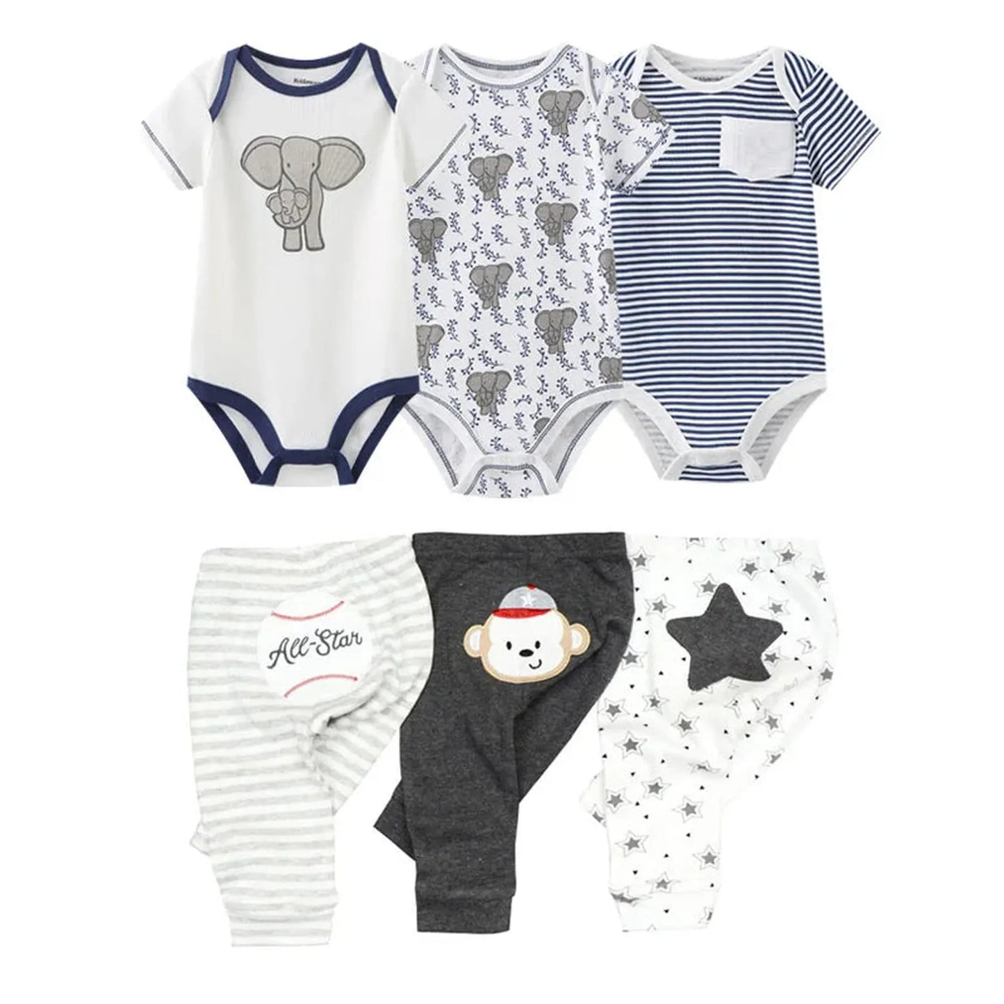 Soft cotton baby bodysuit and pants set: white elephant, striped, and patterned designs.