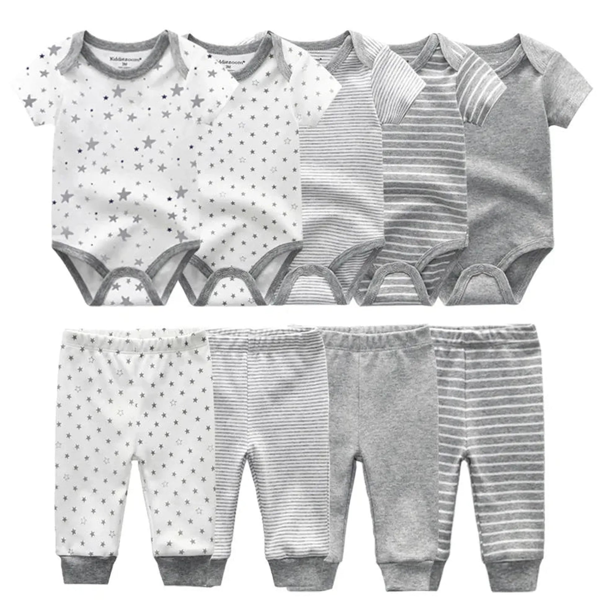 Gray and white cotton baby bodysuit and pants set with stars and stripes.