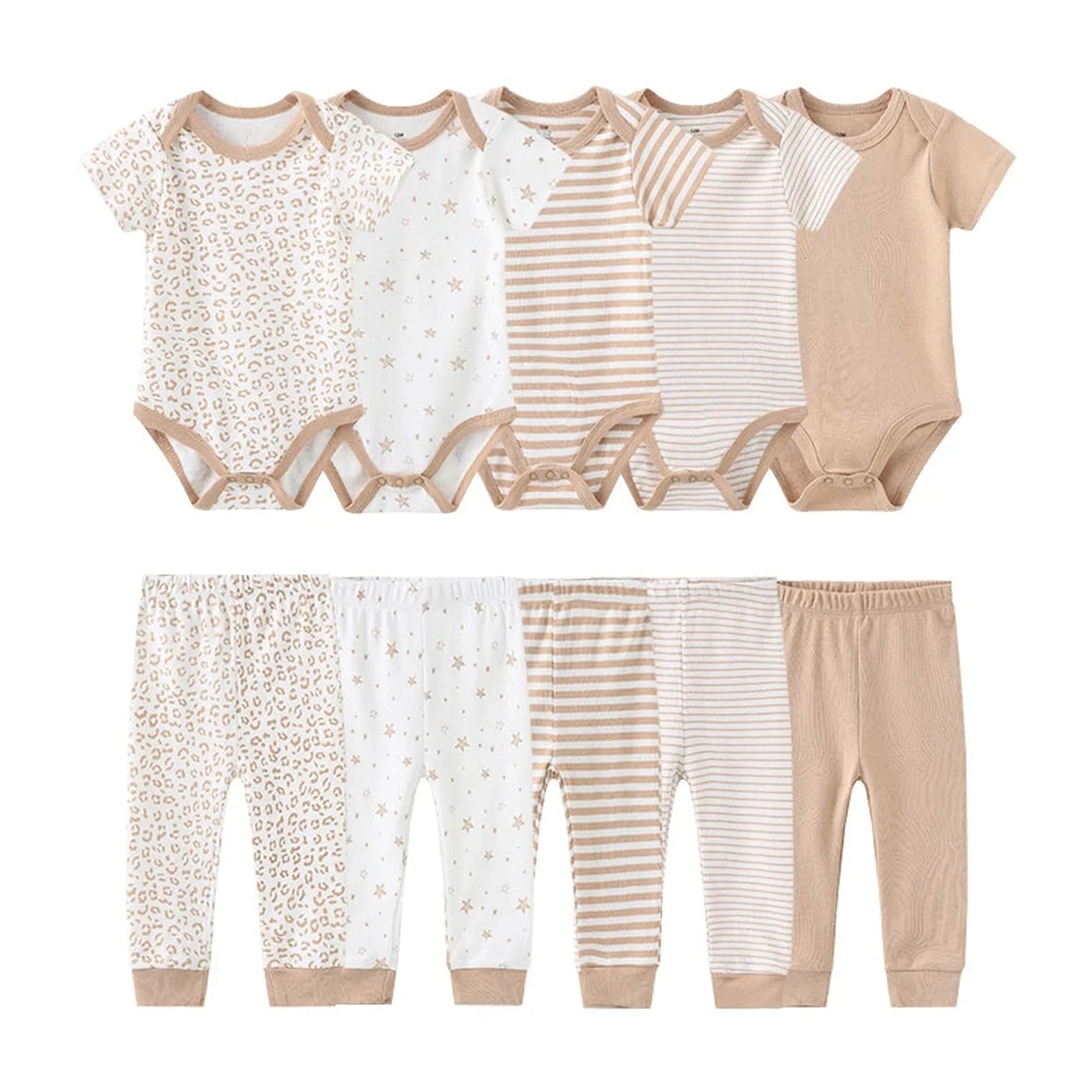 Five unisex baby cotton bodysuits and matching pants in neutral tones with leopard, star, stripe, and solid designs.