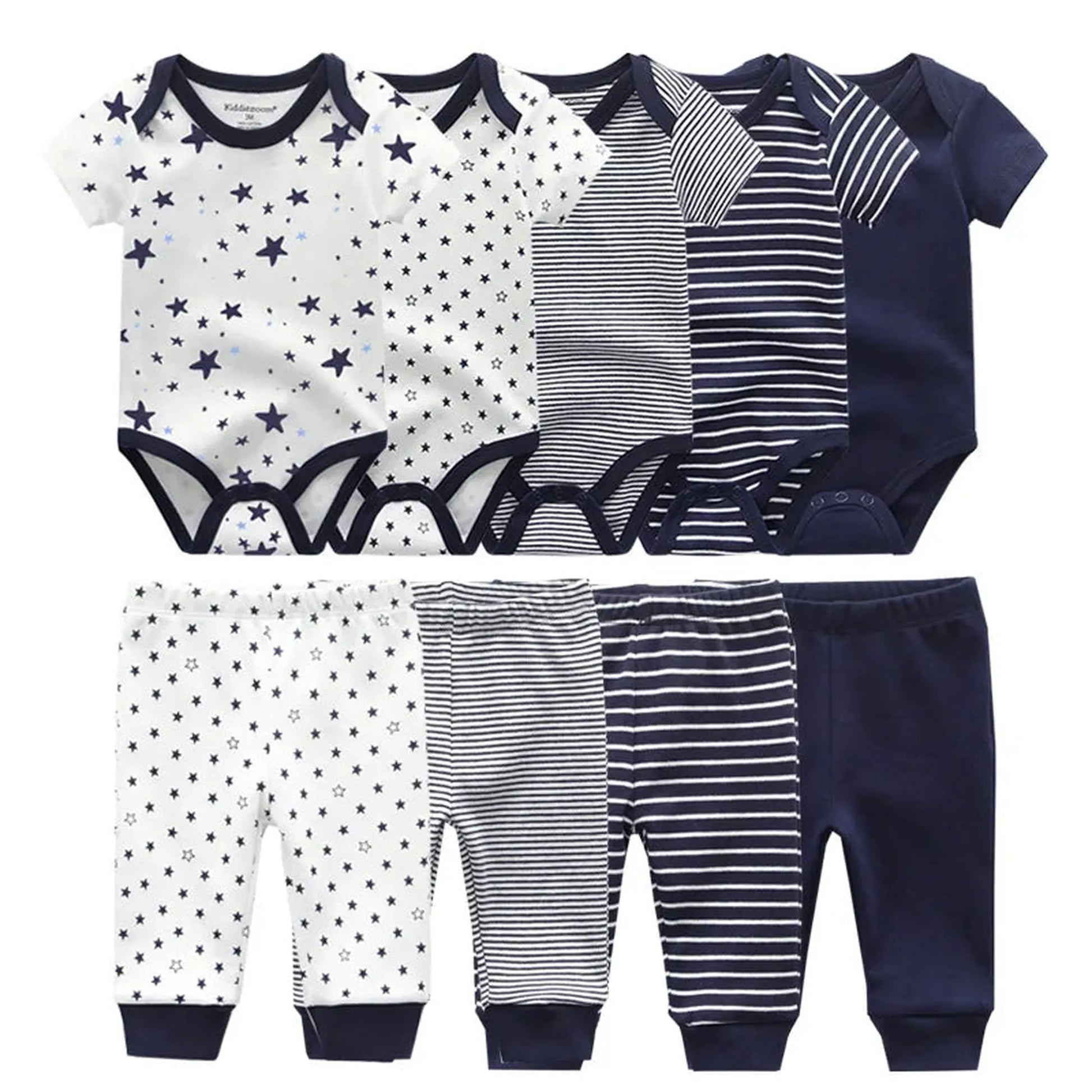 Navy and white cotton baby bodysuit and pants set with star and stripe prints.