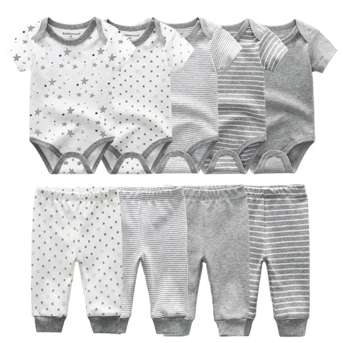 Soft cotton baby bodysuit and pants set in gray and white with star and stripe prints.