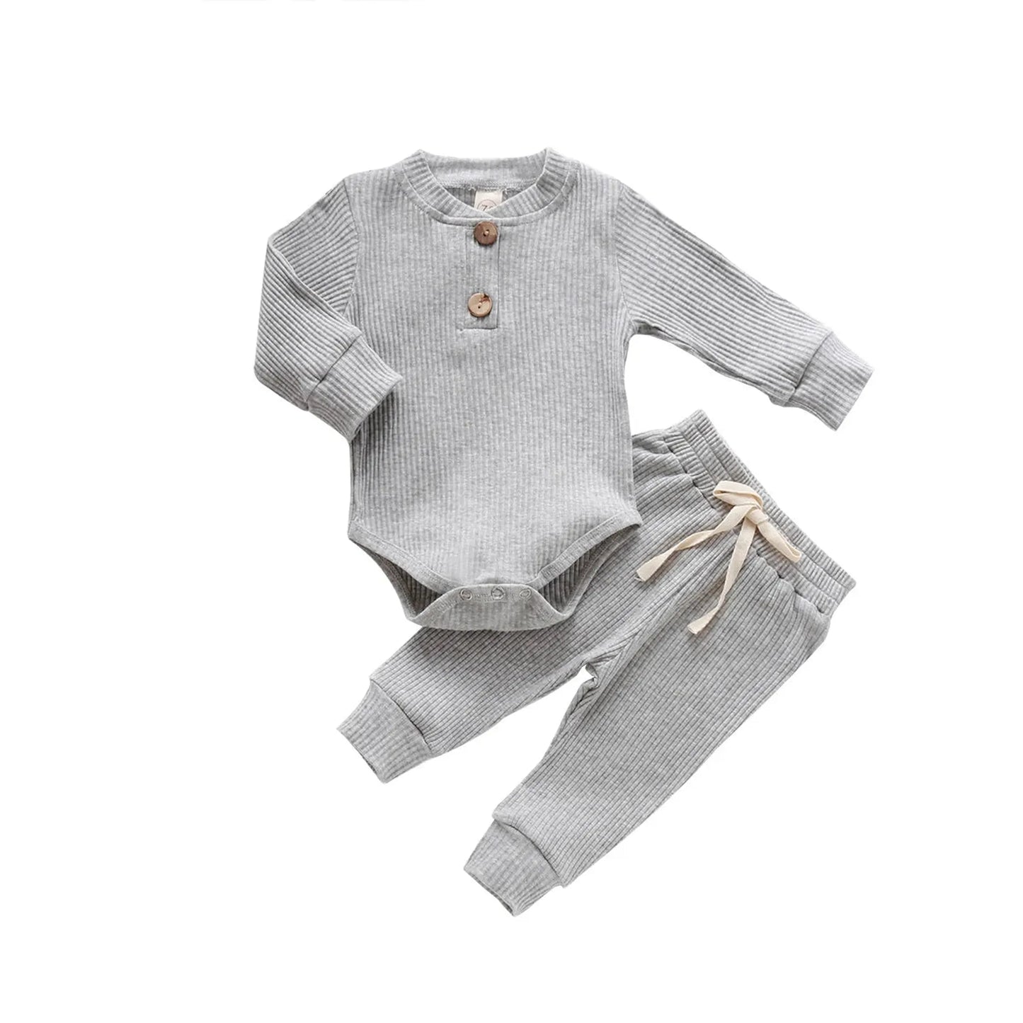 Gray ribbed cotton long-sleeve baby bodysuit and pants set with wooden buttons and drawstring.