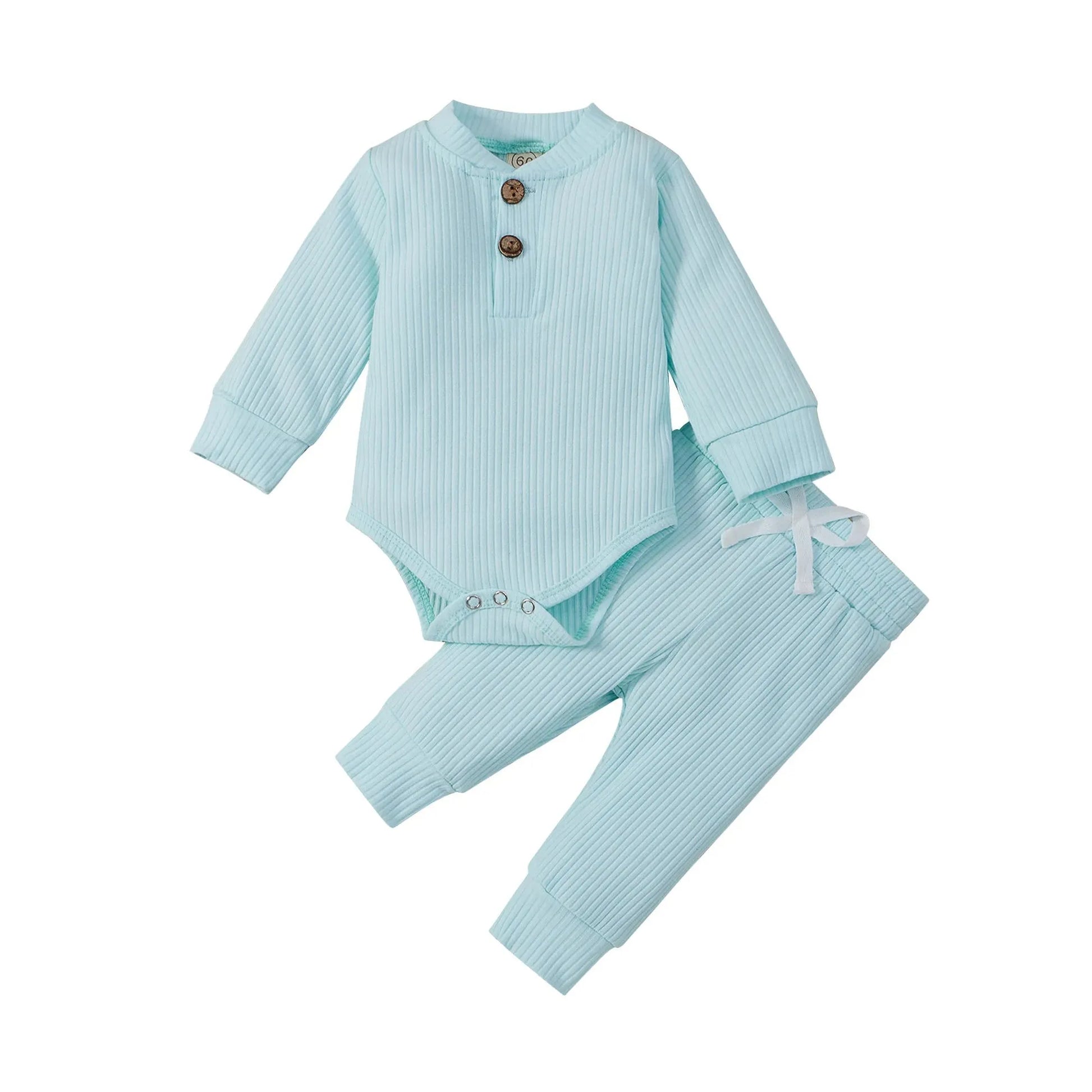 Light blue ribbed cotton long-sleeve baby bodysuit and matching pants with wooden buttons and a white bow.