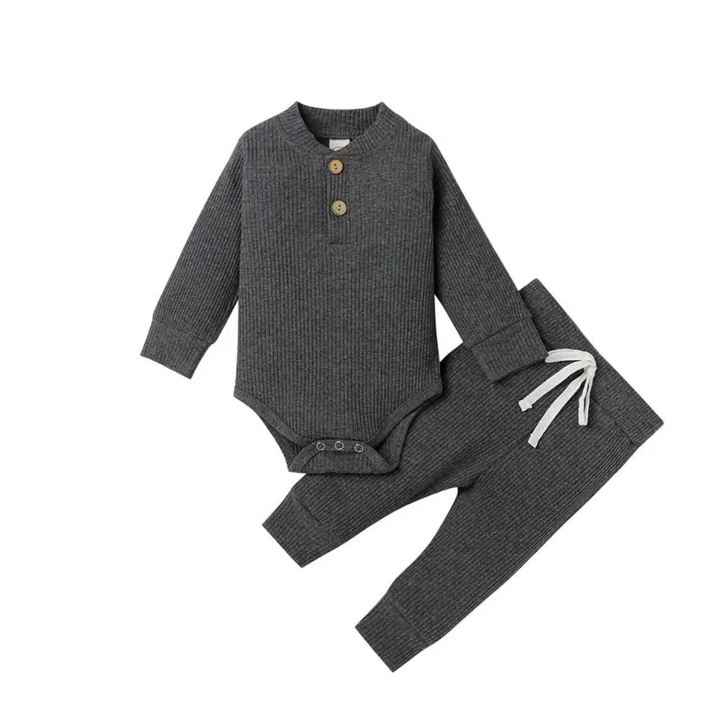 Dark gray ribbed cotton long-sleeve baby bodysuit and matching pants with wooden buttons and drawstring.
