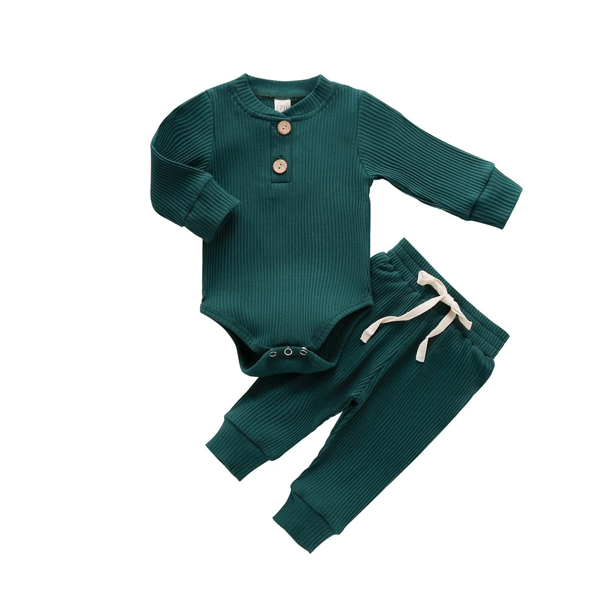 Green ribbed cotton long-sleeve baby bodysuit and matching pants with wooden buttons and drawstring.