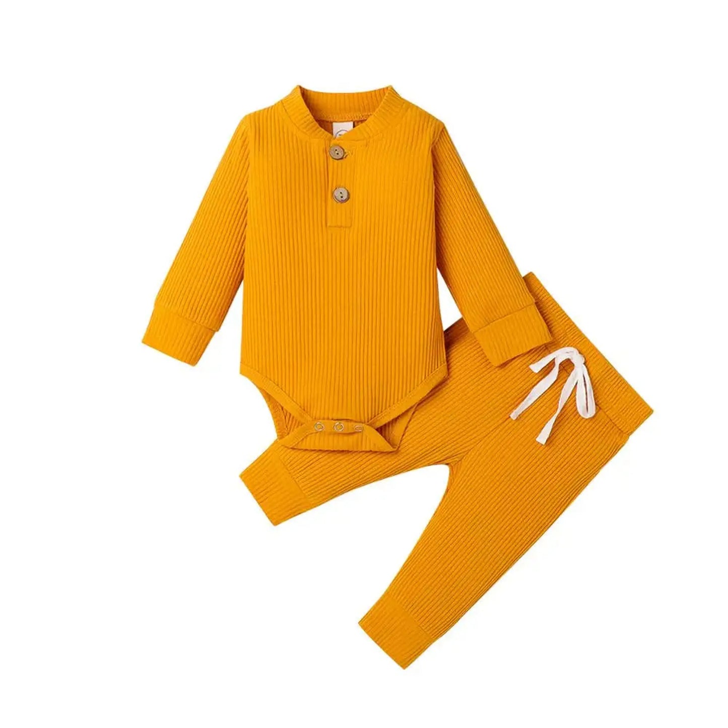 Mustard yellow ribbed cotton long-sleeve baby bodysuit and matching pants with drawstring.