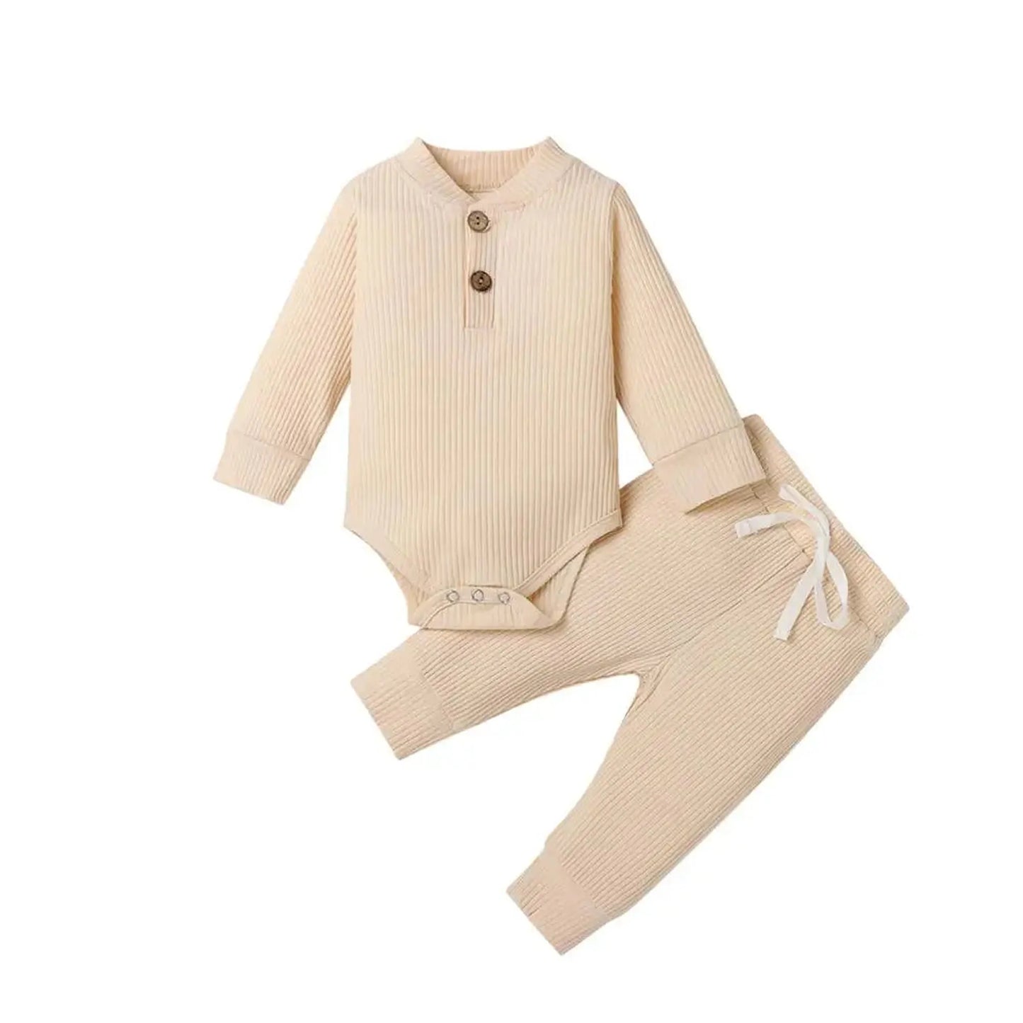 Ribbed beige cotton long-sleeve baby bodysuit and matching pants set with wooden buttons.
