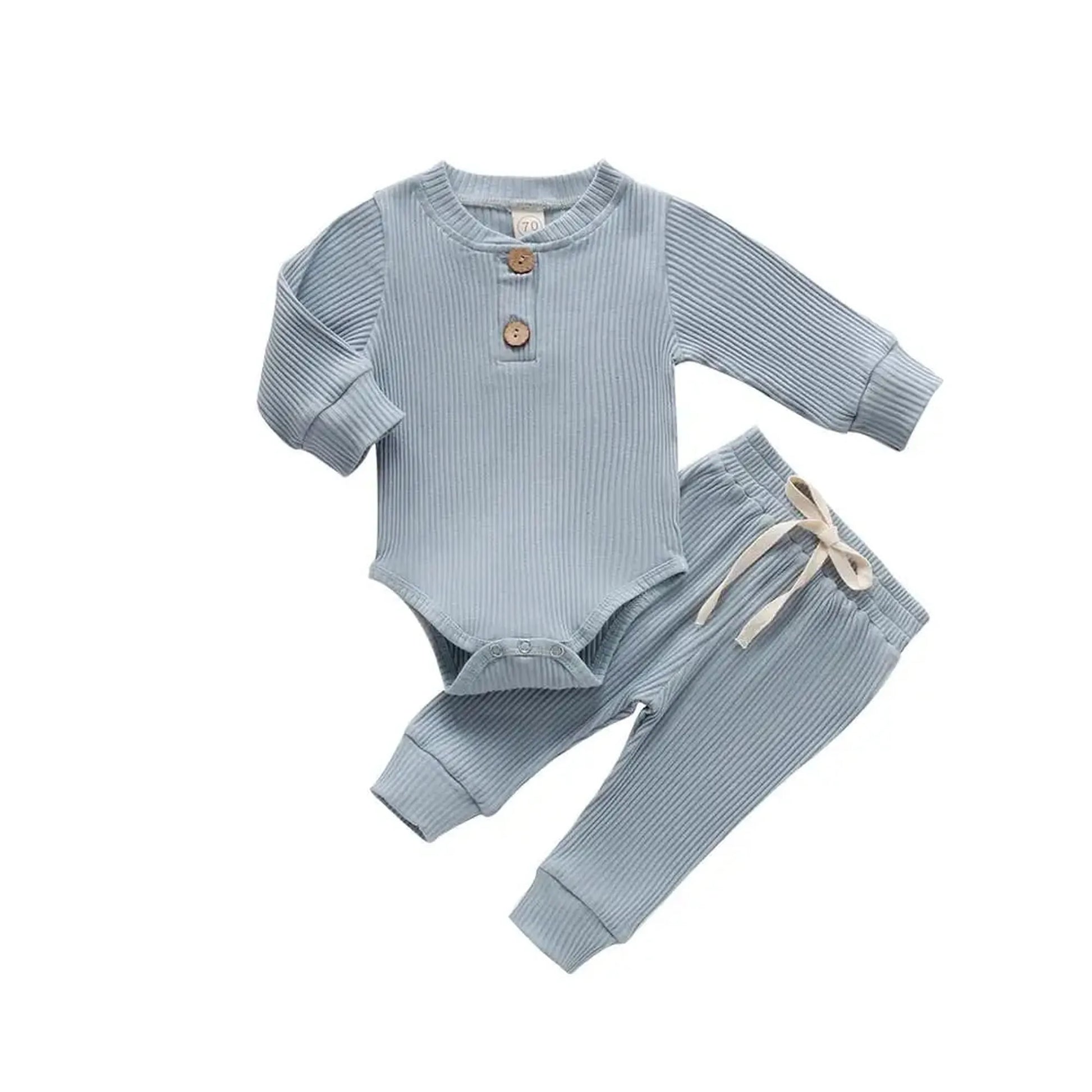 Light blue ribbed cotton long-sleeve baby bodysuit and matching pants with wooden buttons and drawstring.