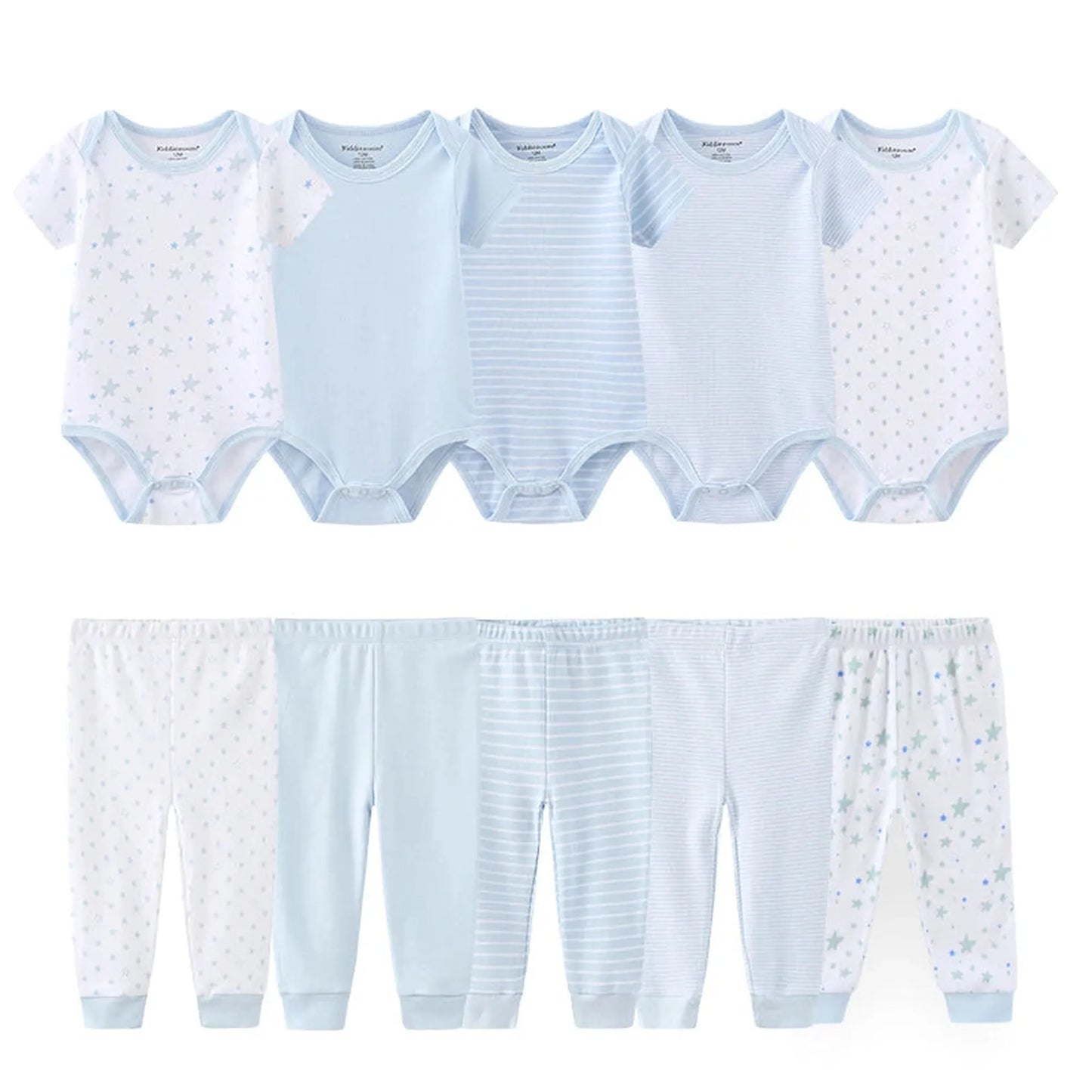 10-piece baby cotton clothing set: 5 blue and white short-sleeve bodysuits with stars, stripes, and solid designs, plus 5 matching pants.