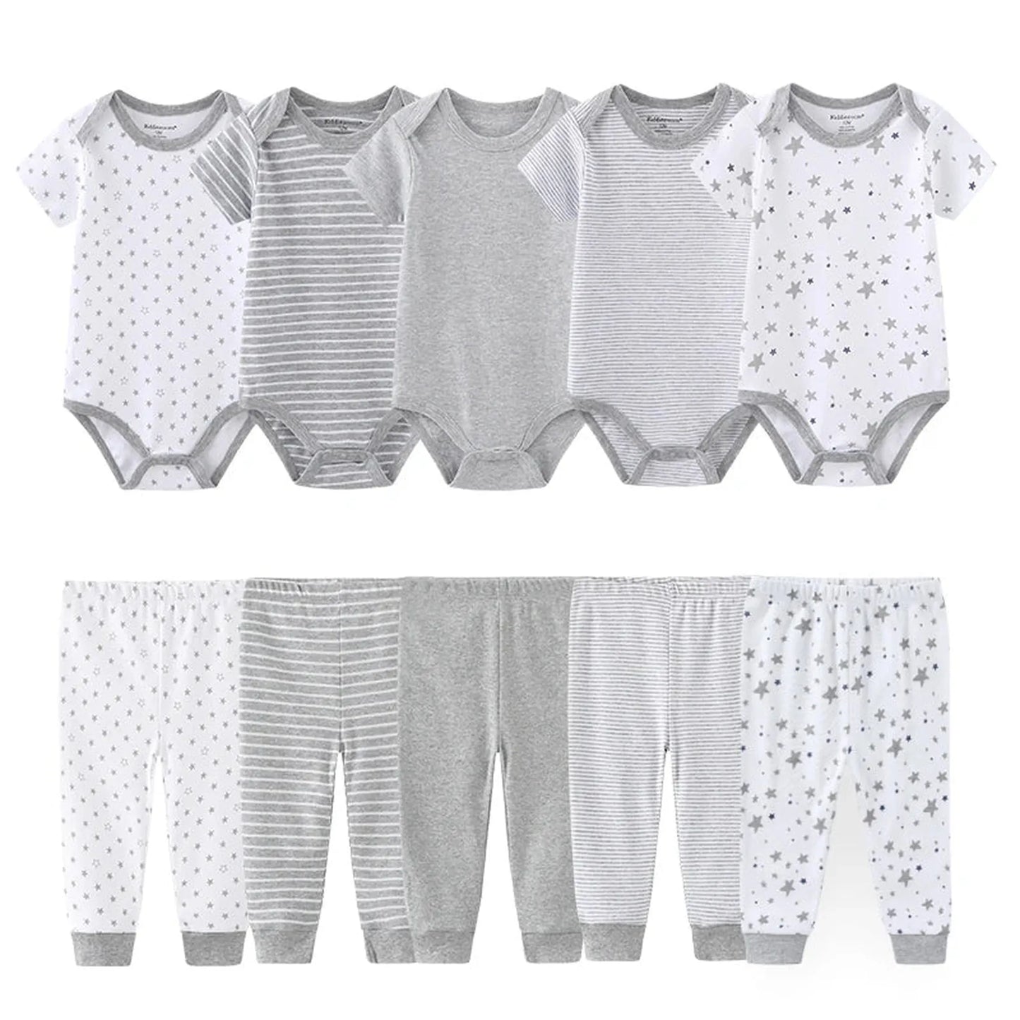 10-piece baby clothing set with white and gray cotton bodysuits and pants in star and stripe patterns.