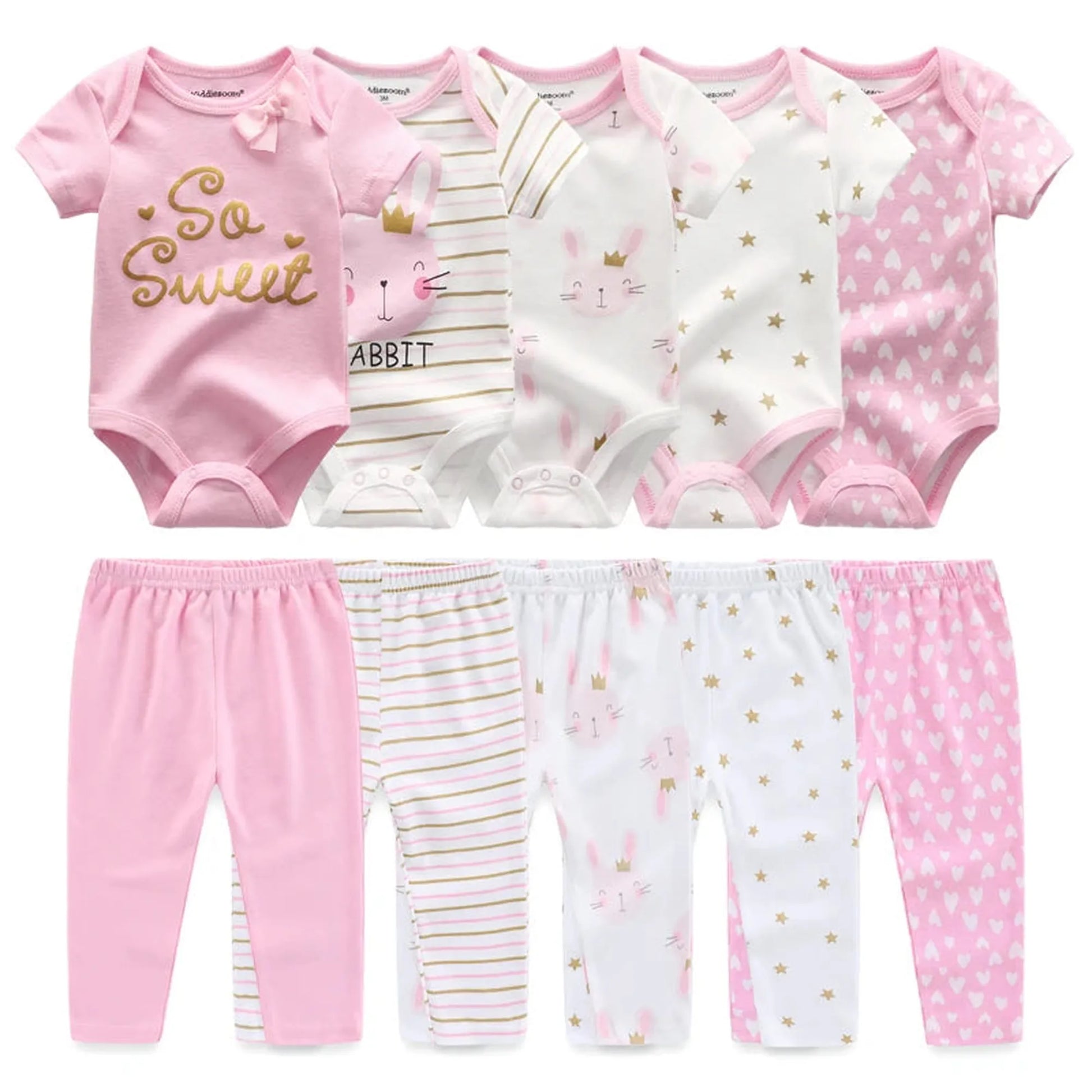 10-piece pink and white cotton baby clothing set with bodysuits and pants featuring bunny, star, and heart prints.