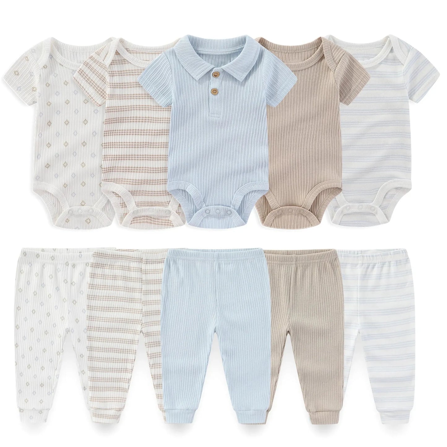 10-piece baby clothing set with short-sleeve bodysuits and pants in soft cotton, featuring blue, beige, and white colors with stripes and patterns.
