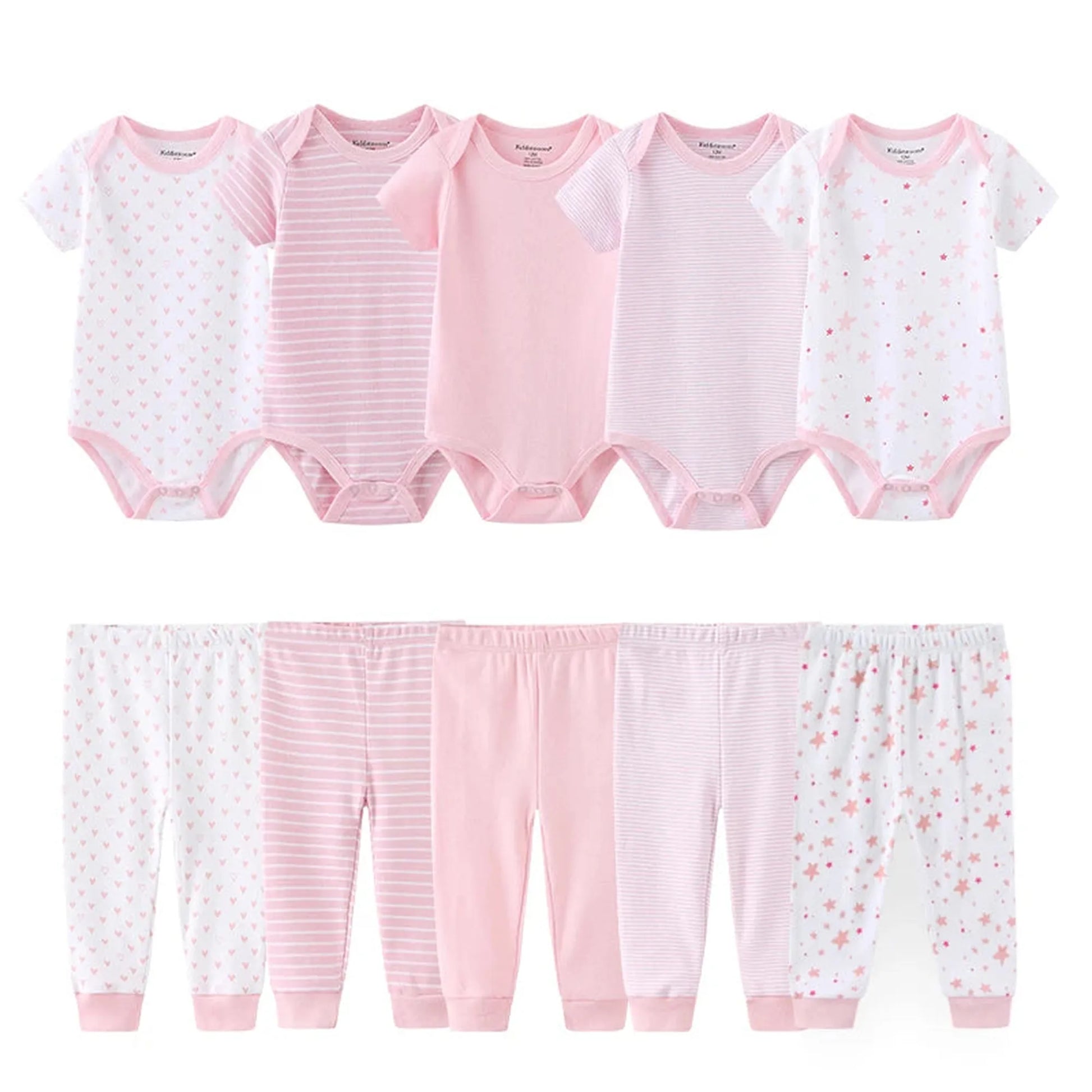 10-piece set of pink and white cotton baby bodysuits and pants with hearts, stripes, and star patterns.