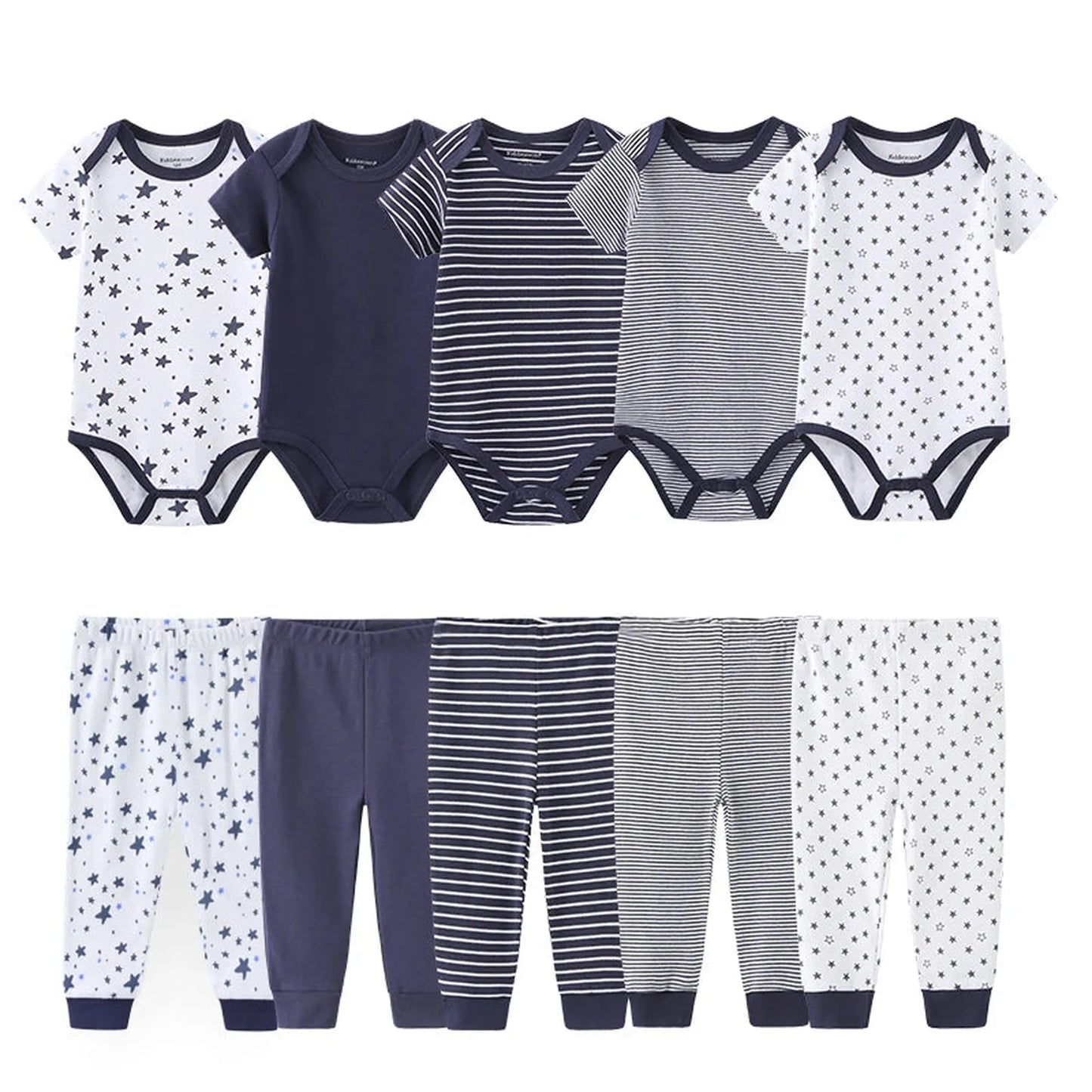 10-piece baby clothing set with navy and white cotton bodysuits and pants, featuring stars and stripes.
