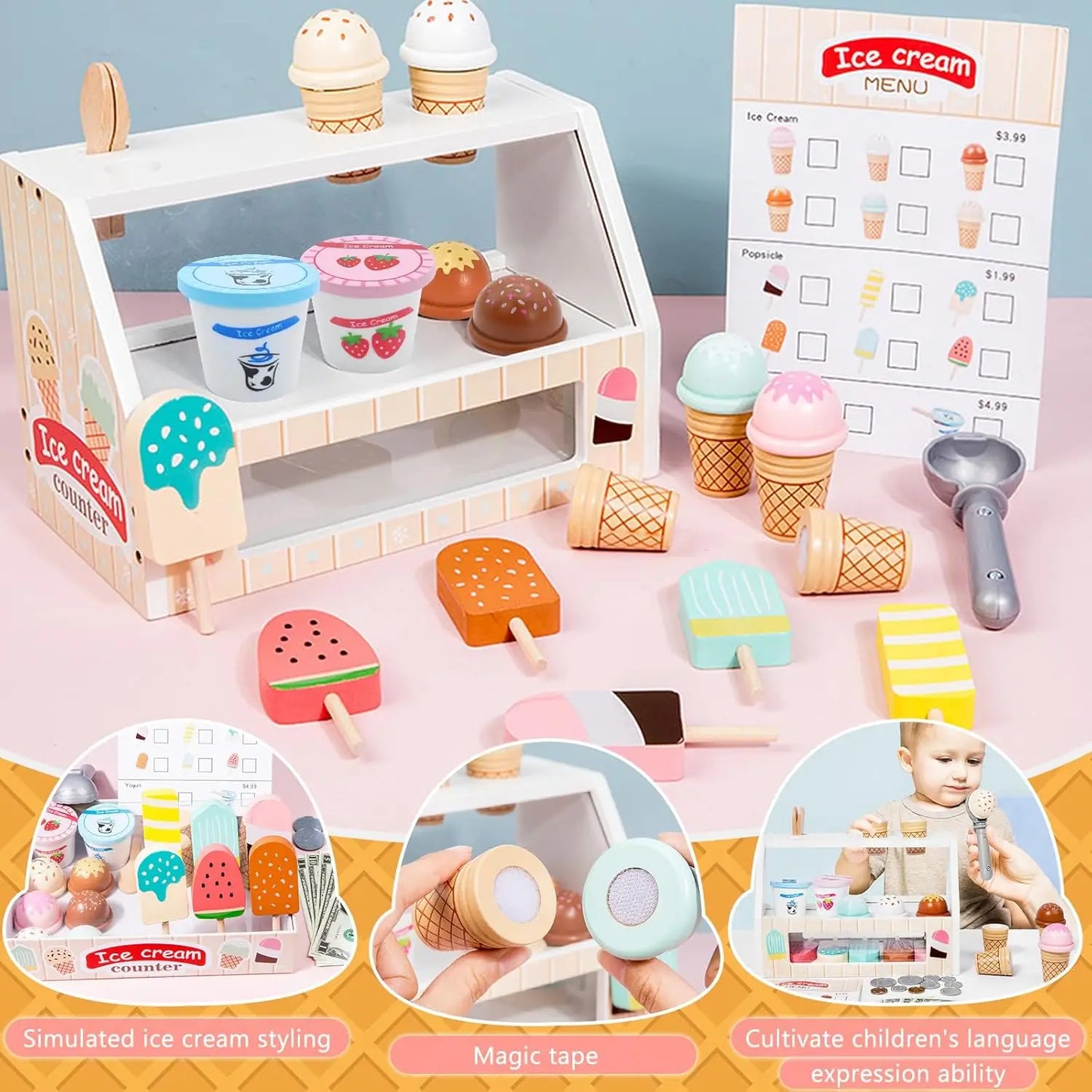 Wooden Montessori ice cream shop playset with counter, menu, scoops, cones, popsicles, and cups.