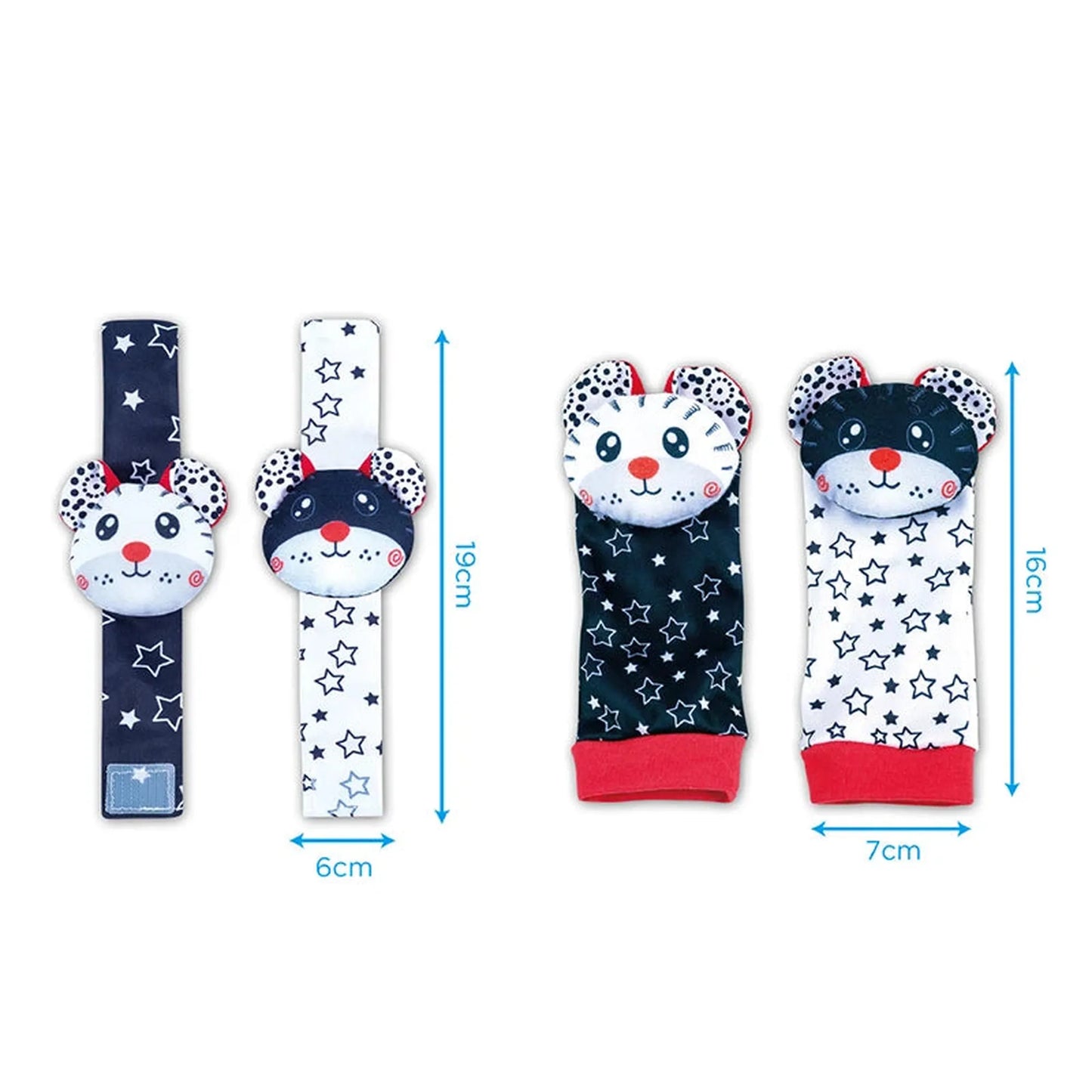 Black and white baby wrist rattles and socks with star patterns and cute animal faces.