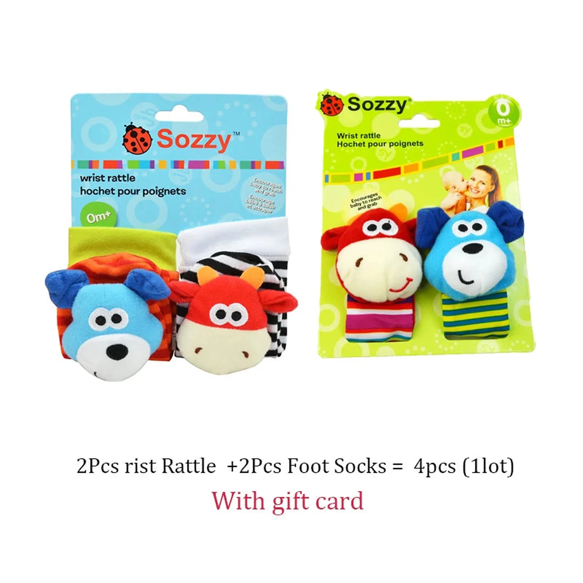 Colorful Sozzy animal wrist rattles and foot socks for baby development, featuring a blue dog and red cow design.