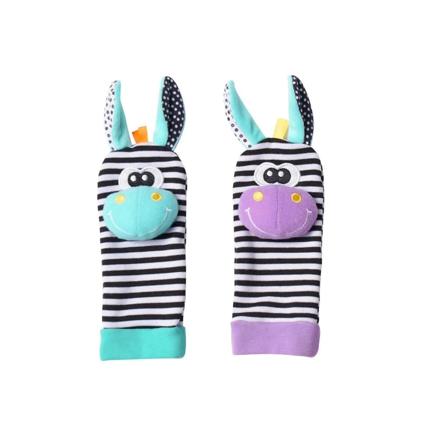 Colorful zebra baby wrist rattles and socks set, with black and white stripes, soft fabric, and vibrant animal faces.