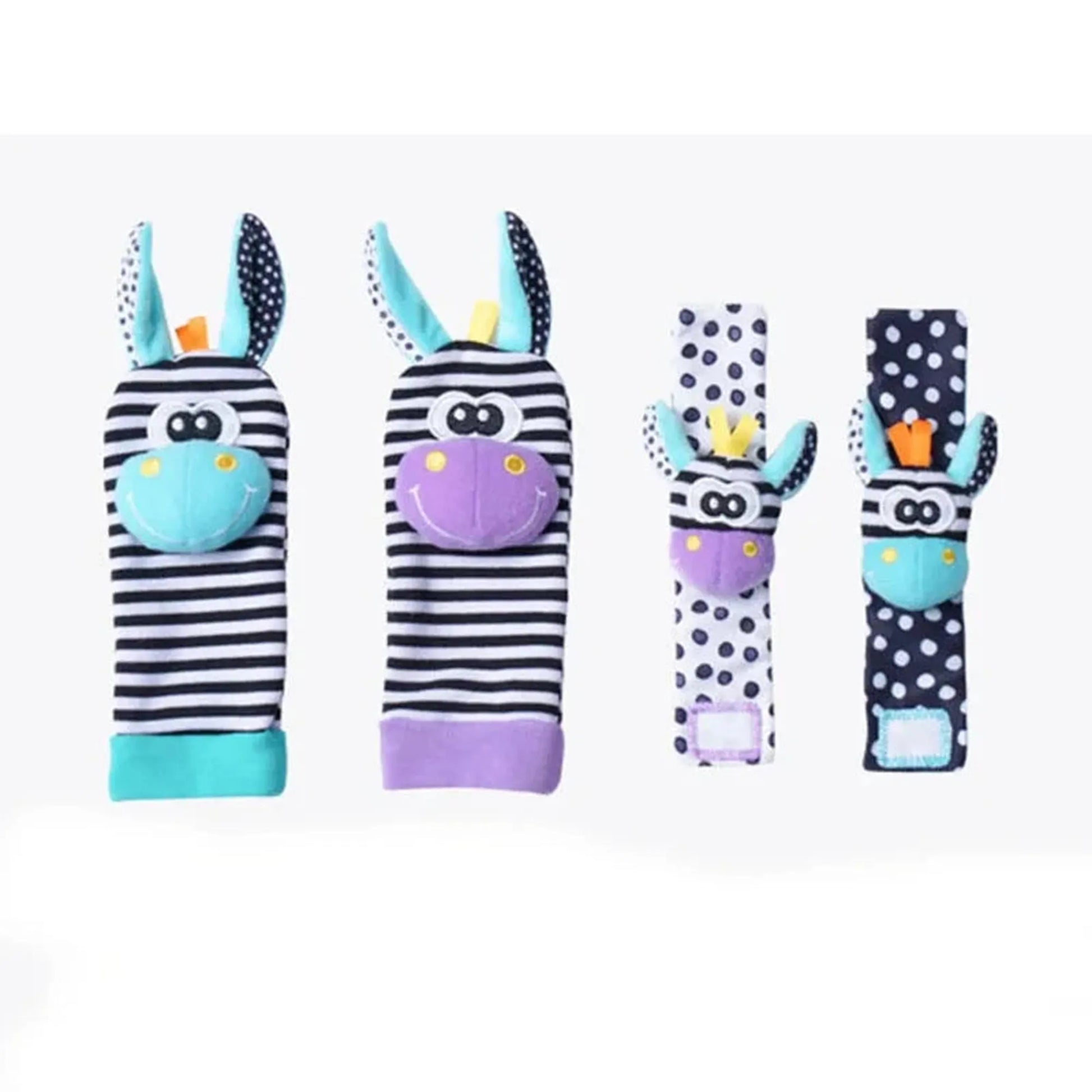 Colorful animal-themed baby wrist rattles and socks set, featuring zebra stripes and polka dots.