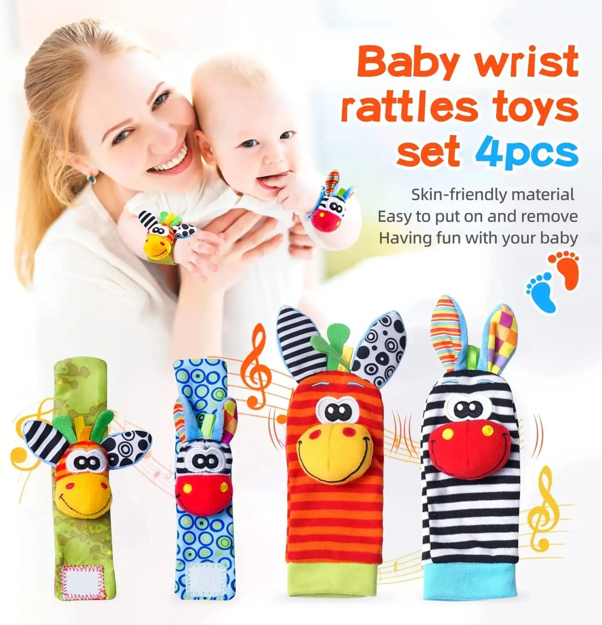 Colorful baby wrist rattles and socks set with animal designs for sensory development.